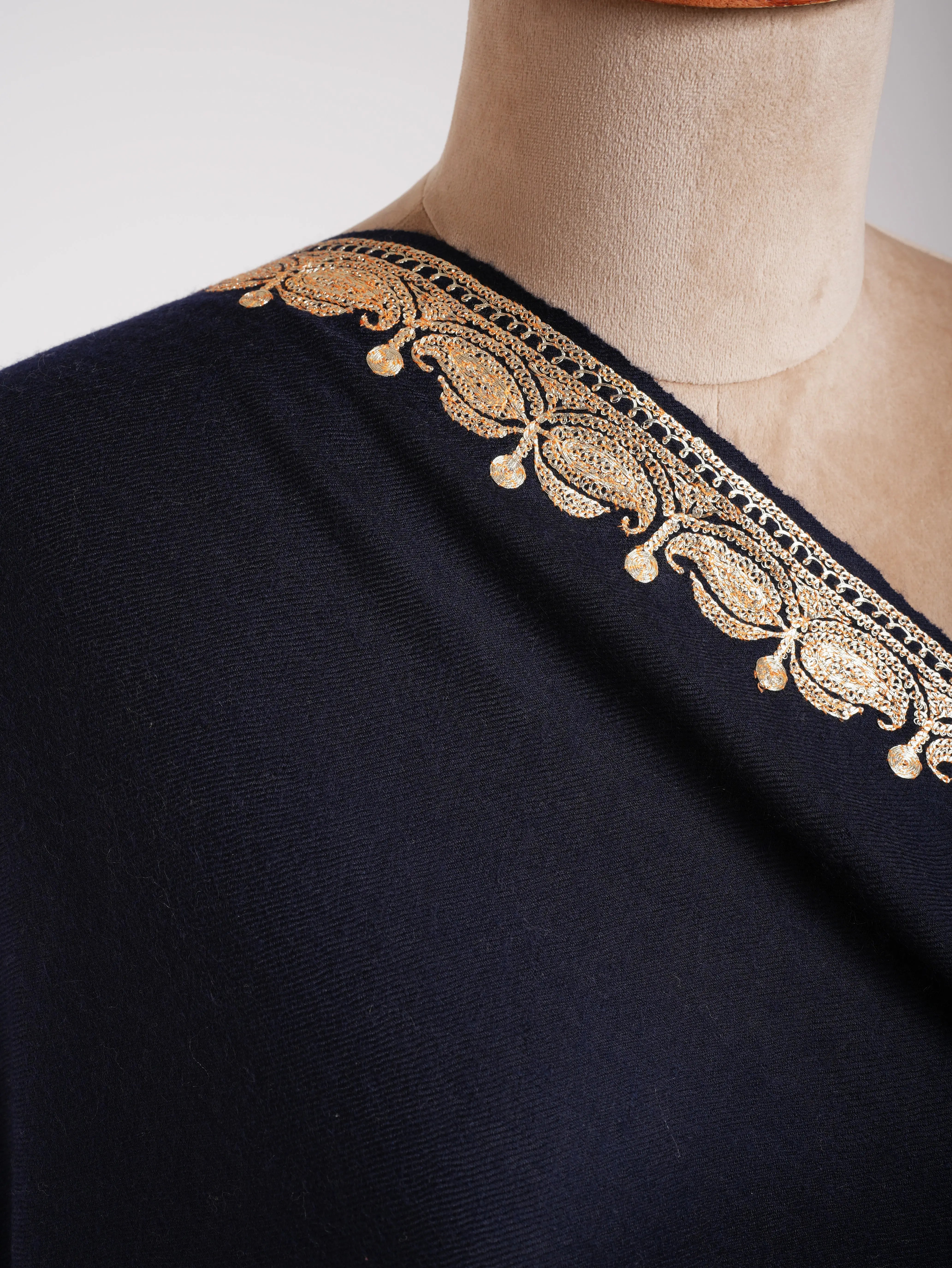 Gold Tilla Embroidered Dark Navy Blue Pashmina Shawl Shahkaar