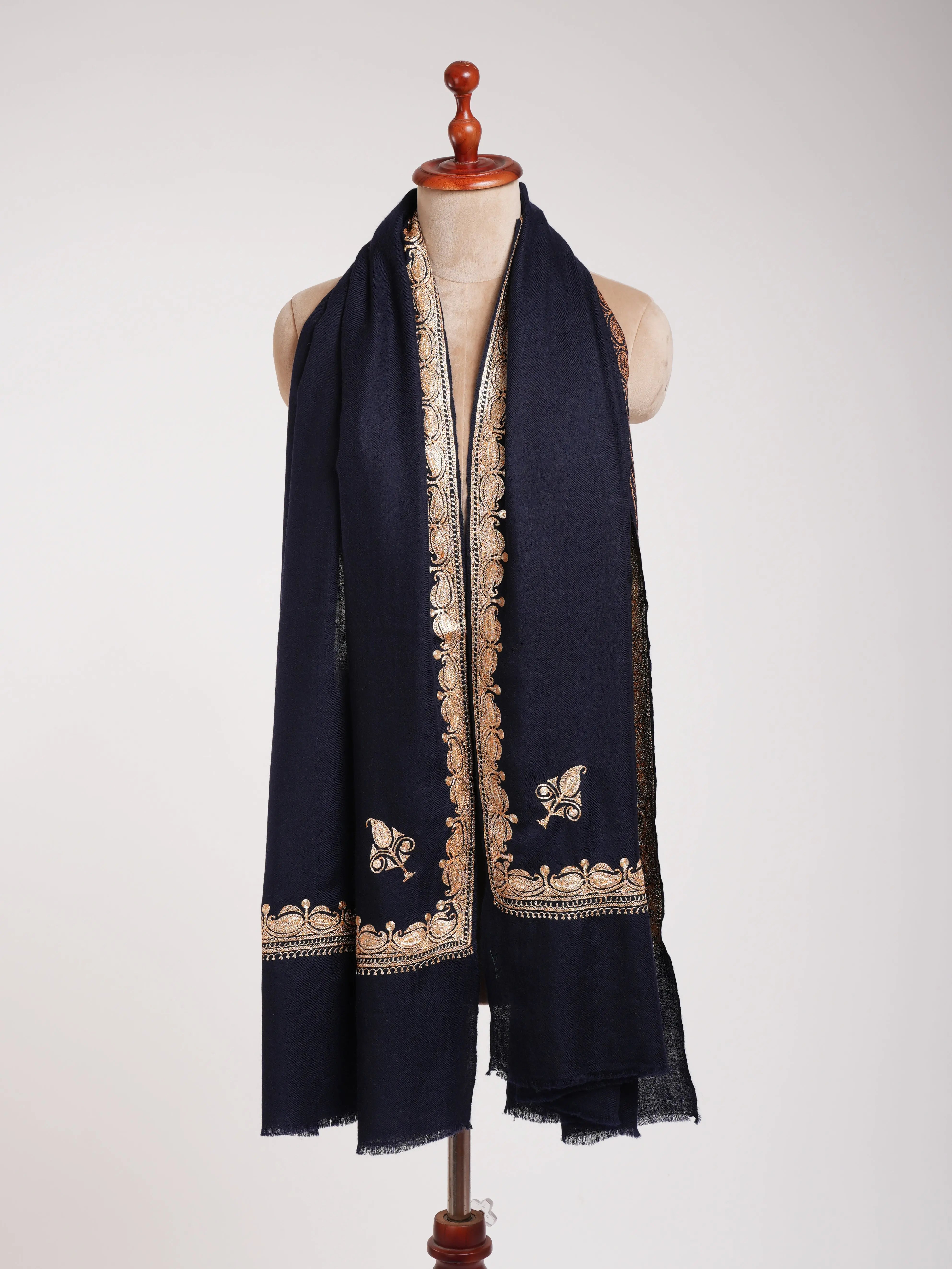 Gold Tilla Embroidered Dark Navy Blue Pashmina Shawl Shahkaar