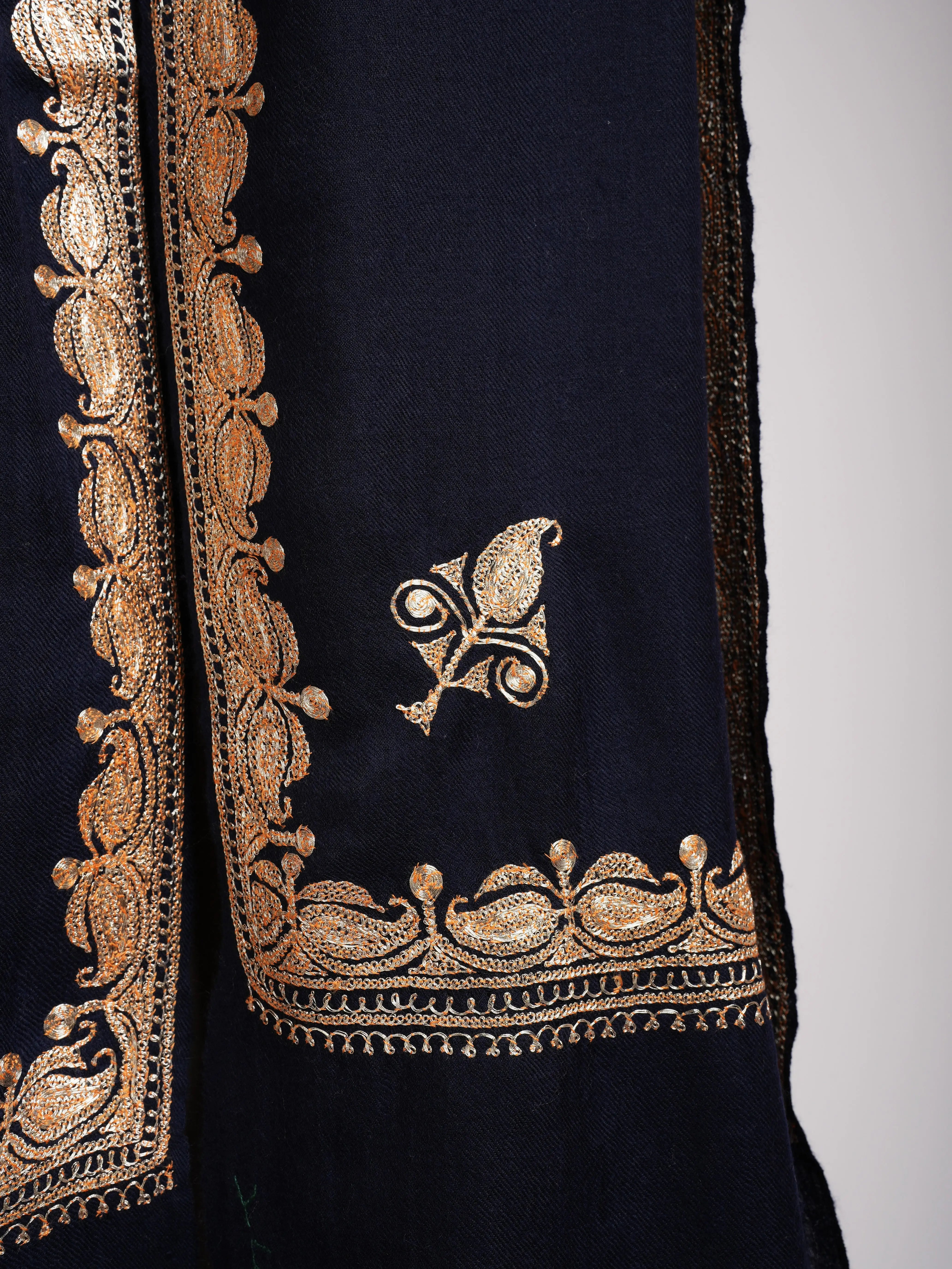 Gold Tilla Embroidered Dark Navy Blue Pashmina Shawl Shahkaar