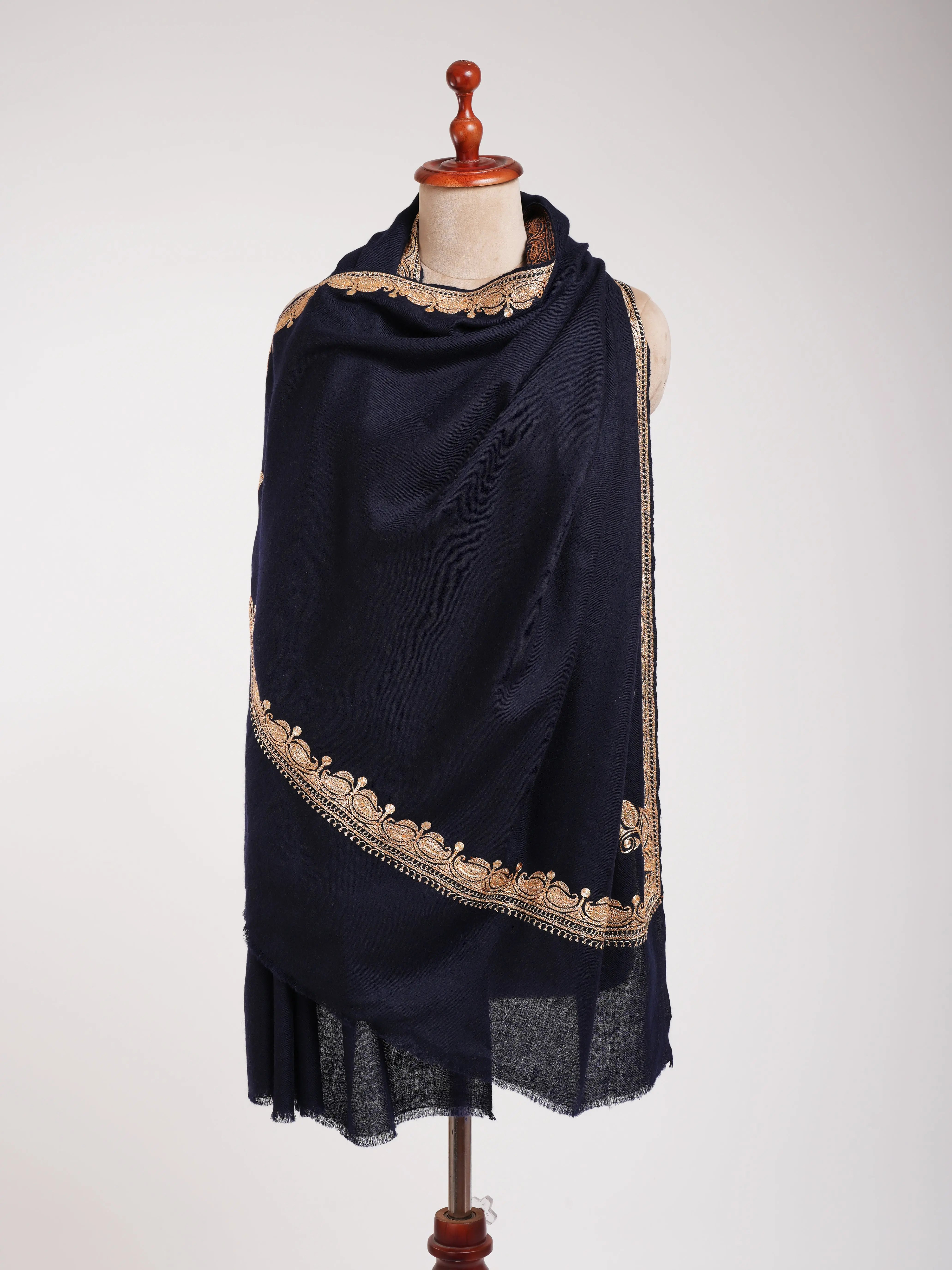 Gold Tilla Embroidered Dark Navy Blue Pashmina Shawl Shahkaar