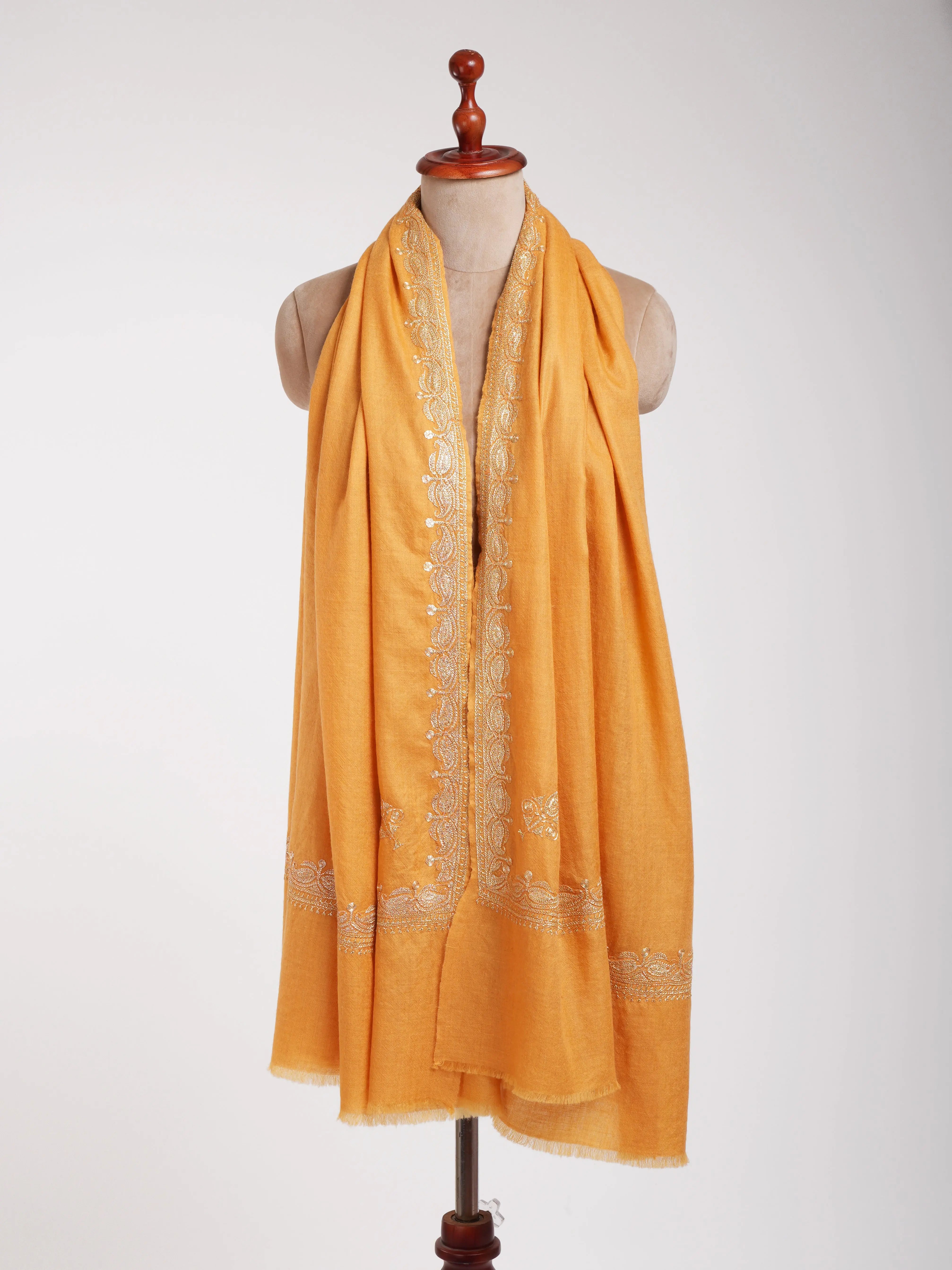 Gold Tilla Embroidered Neemdaur Handcrafted Pashmina Shawl Shahkaar