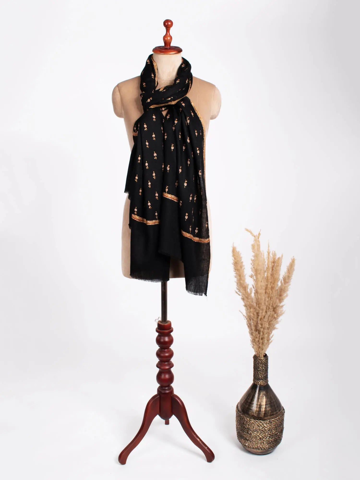 Gold and Black Buteh Kashmiri Cashmere Scarf - LOVELAND Shahkaar