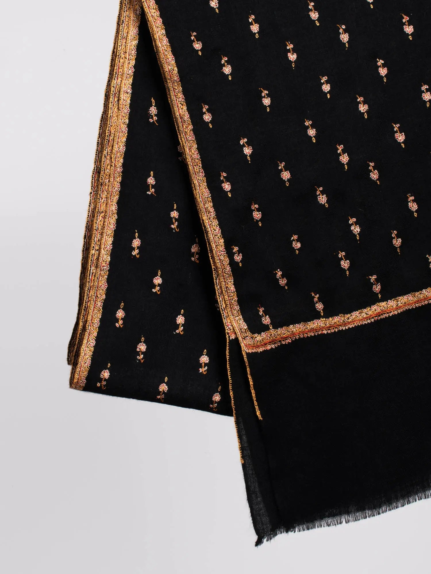 Gold and Black Buteh Kashmiri Cashmere Scarf - LOVELAND Shahkaar