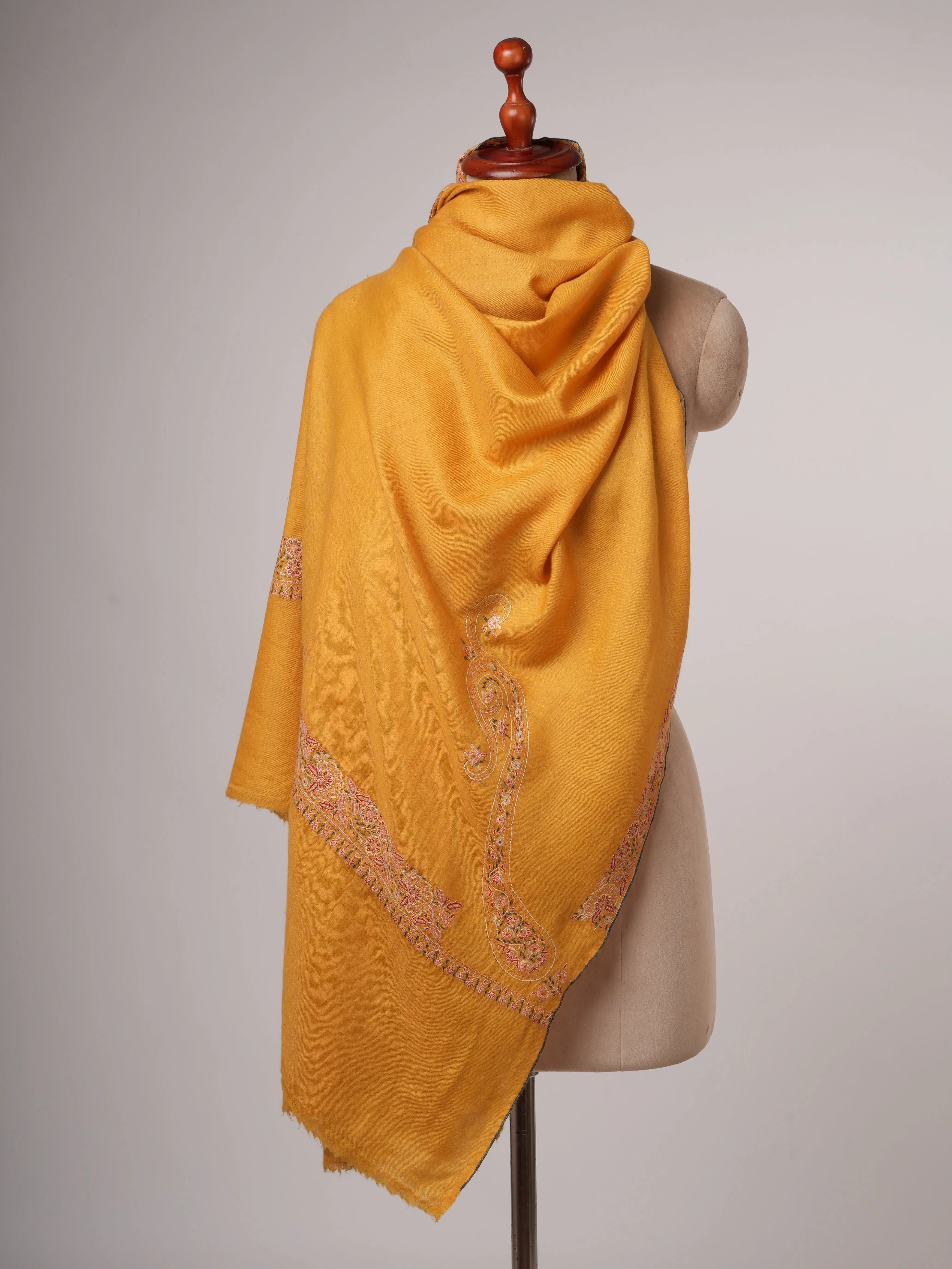 Golden Pashmina Shawl with Fine Border Embroidery Classic Paisley Corners Soft Elegant Shahkaar