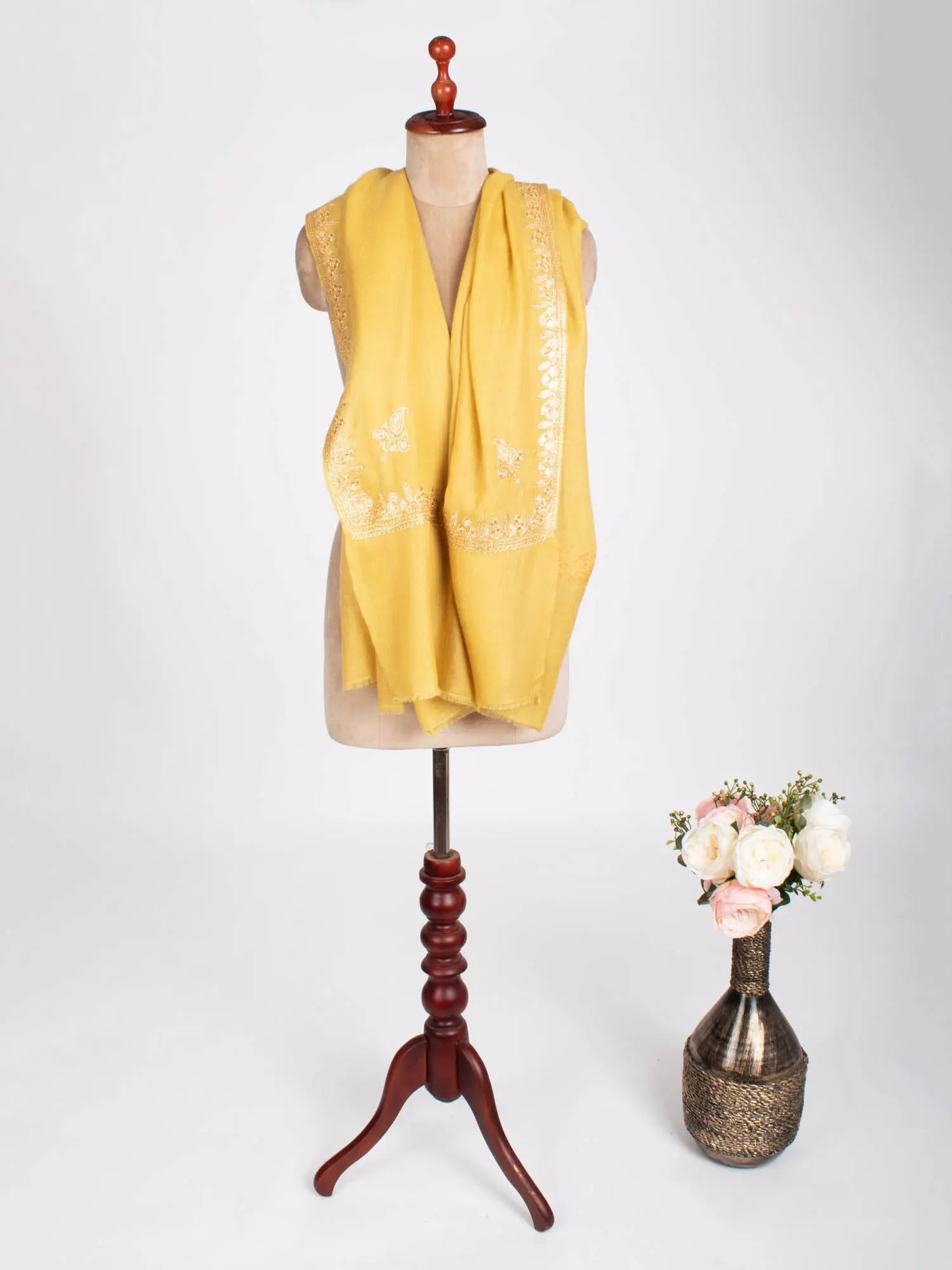 Golden Yellow Tilla Embroidered Stylish Pashmina Shawl - NAUVOO Shahkaar