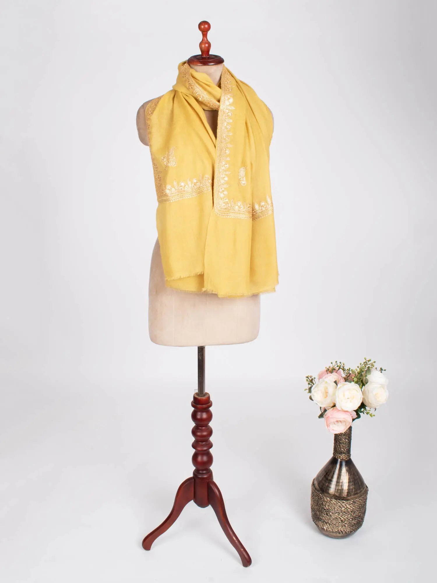 Golden Yellow Tilla Embroidered Stylish Pashmina Shawl - NAUVOO Shahkaar