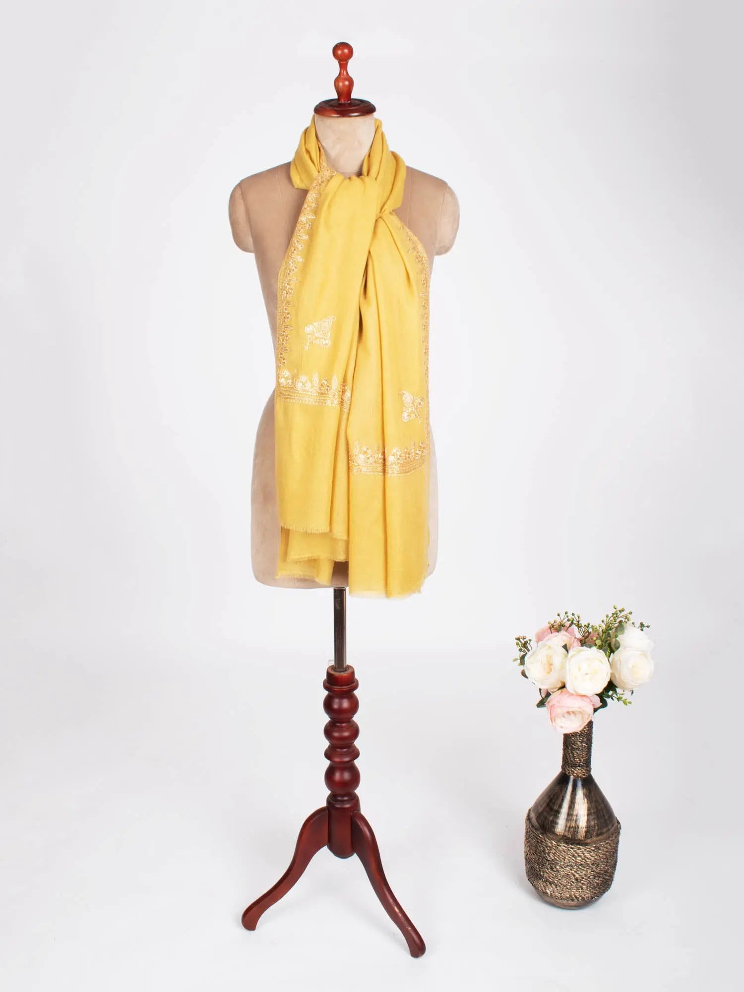 Golden Yellow Tilla Embroidered Stylish Pashmina Shawl - NAUVOO Shahkaar