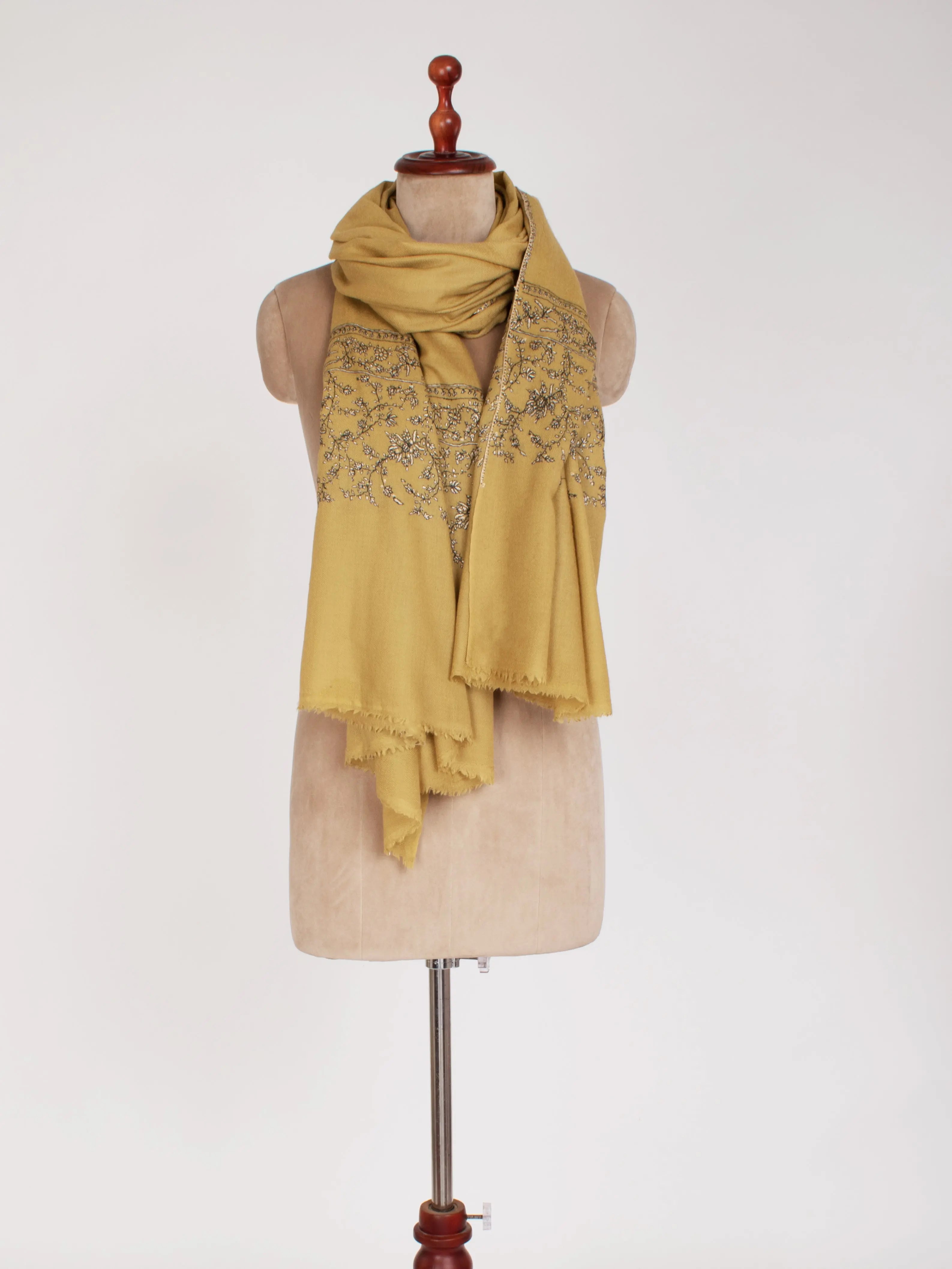 Golden with Black Cream Hand Embroidery Soft Silk Wool Wrap Shahkaar