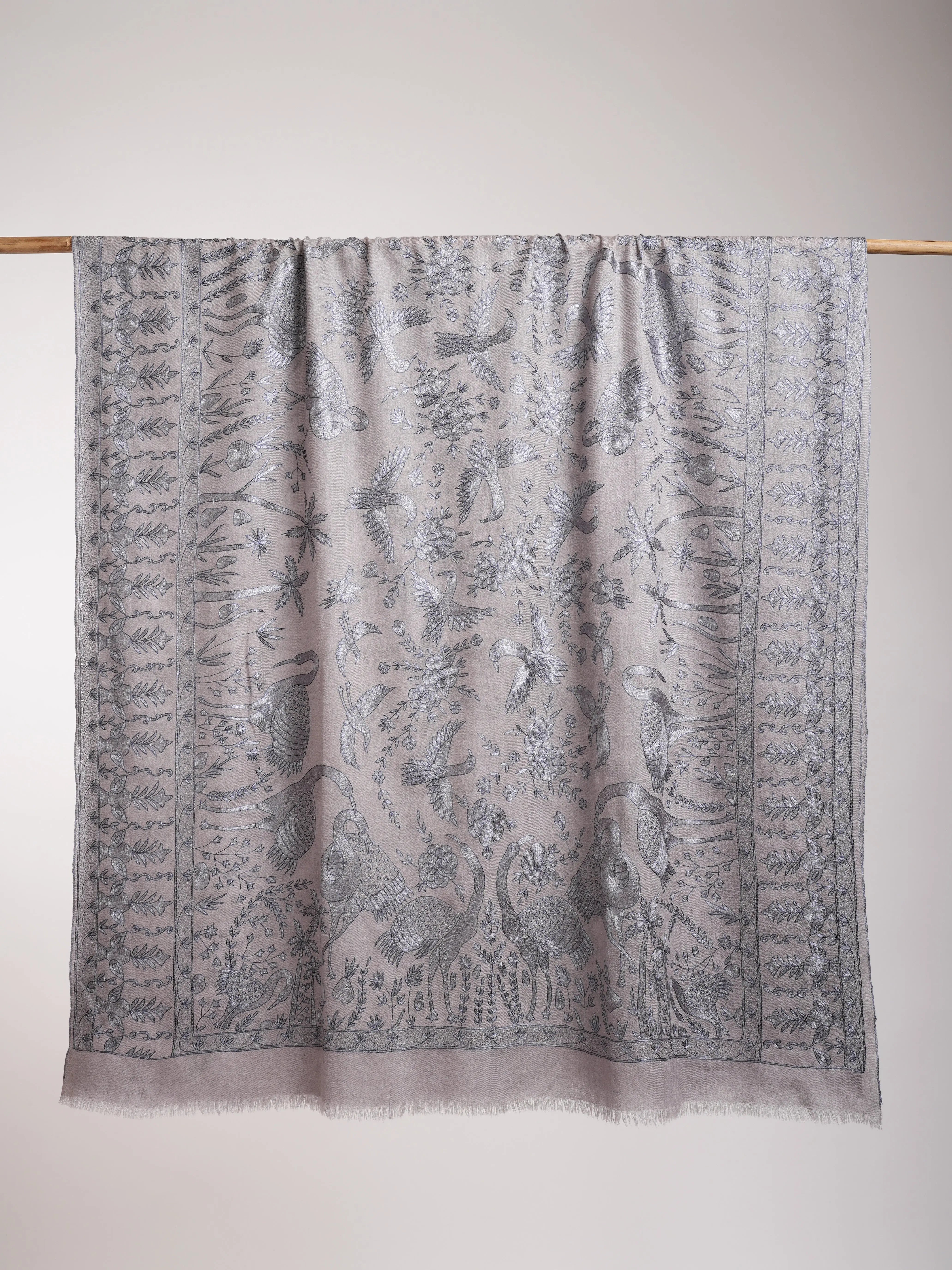 Gray Birds Hand Embroidered Pashmina Shawl Shahkaar
