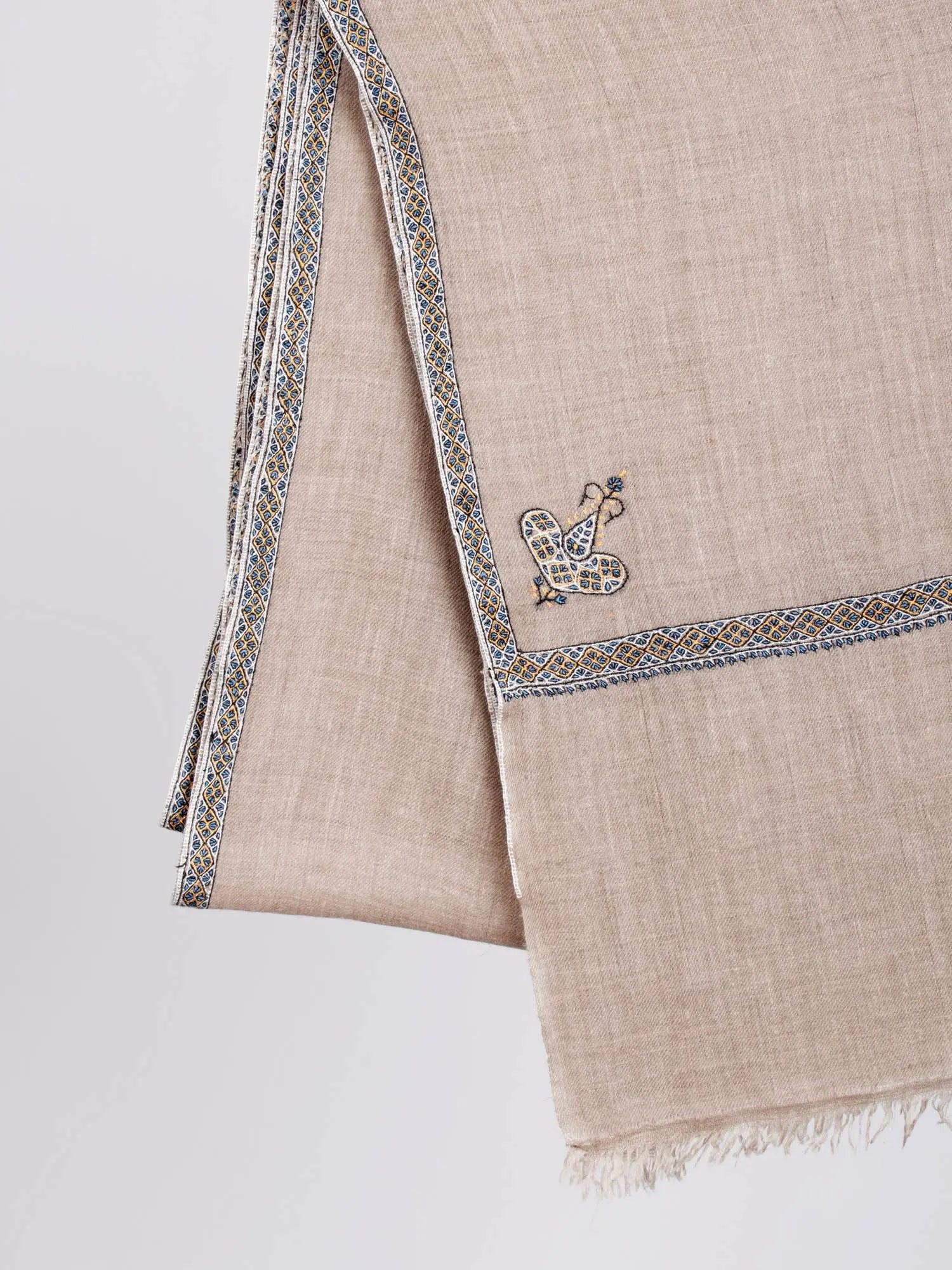 Gray Hashia Embroidered Neck Cashmere Scarf - CRUZ Shahkaar