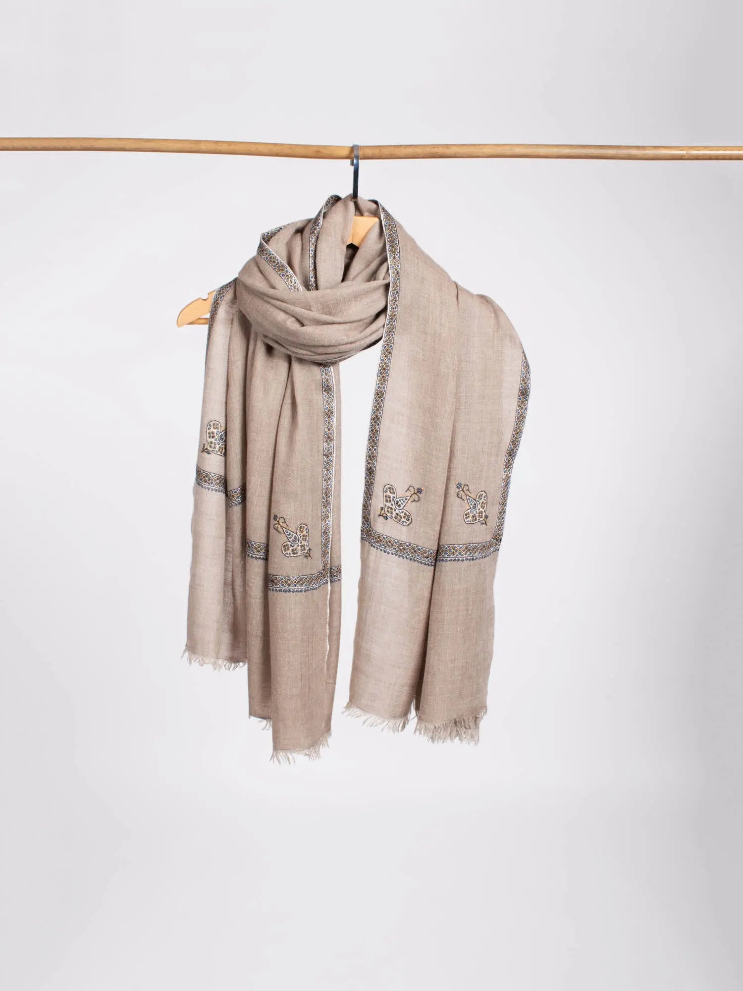 Gray Hashia Embroidered Neck Cashmere Scarf - CRUZ Shahkaar