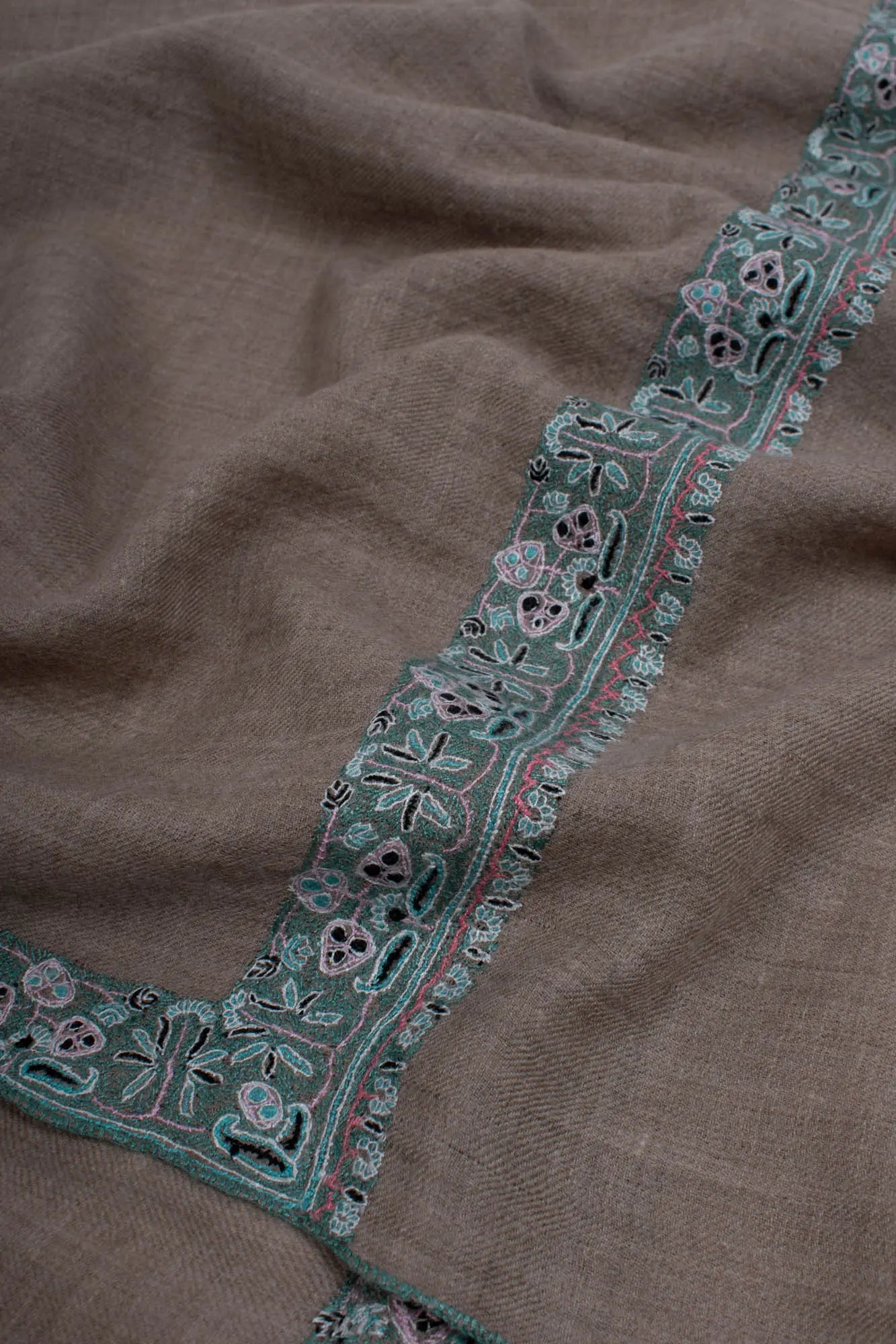 Gray Pashmina Scarf featuring Kashmir Embroidery in a subtle Blue Hue - PEMBROKE Shahkaar