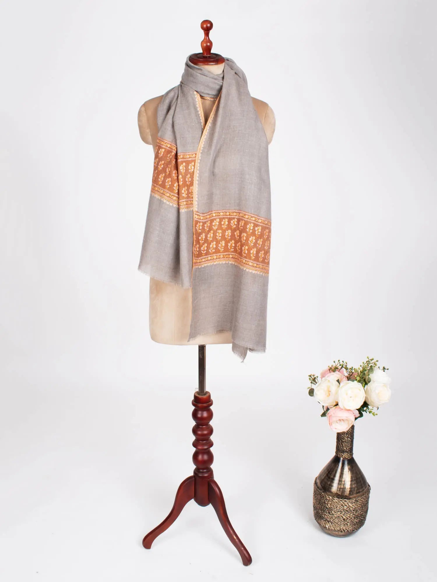Gray and Orange Embroidered Beautiful Cashmere Wrap - MARQUETTE Shahkaar