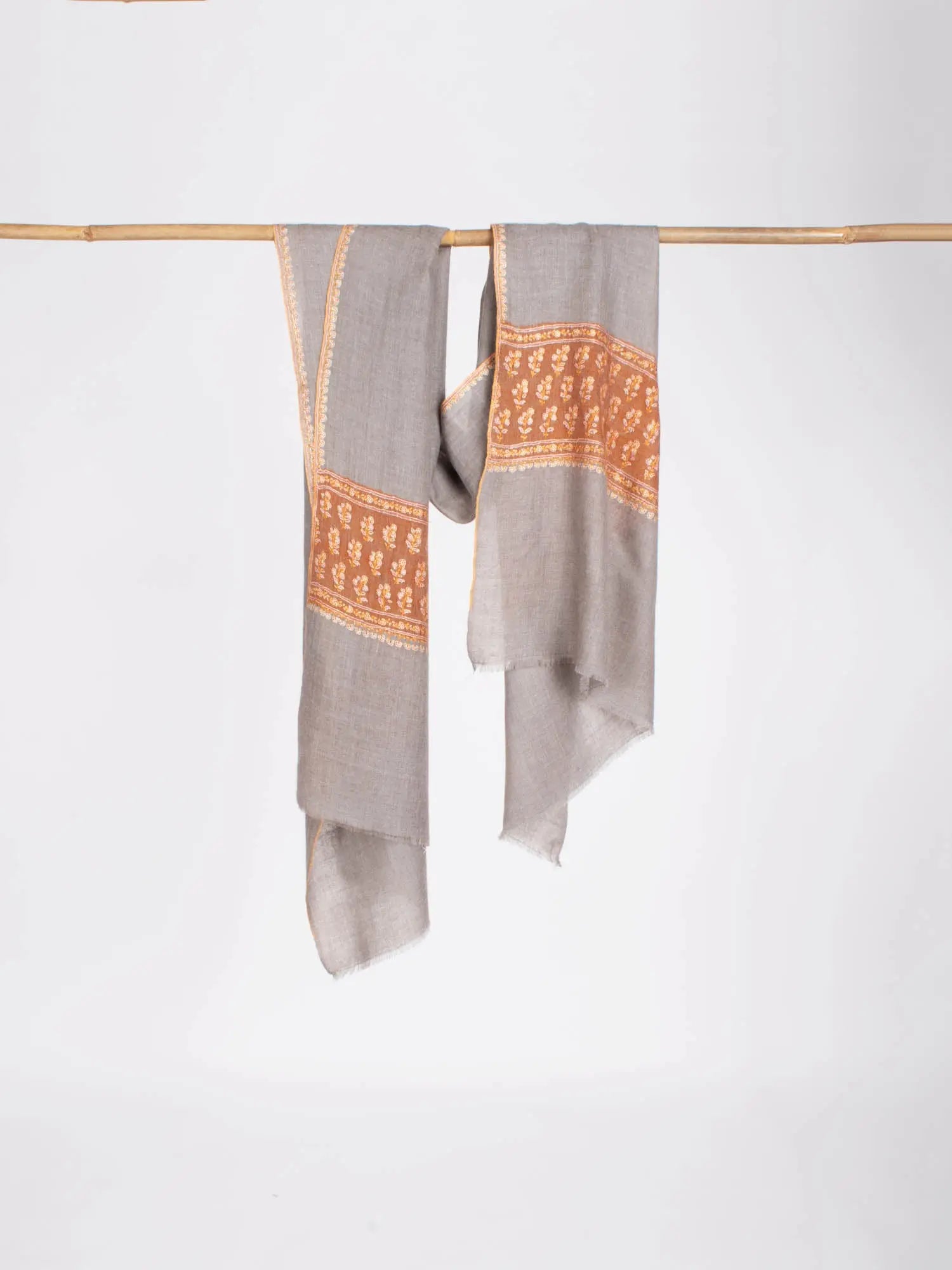 Gray and Orange Embroidered Beautiful Cashmere Wrap - MARQUETTE Shahkaar