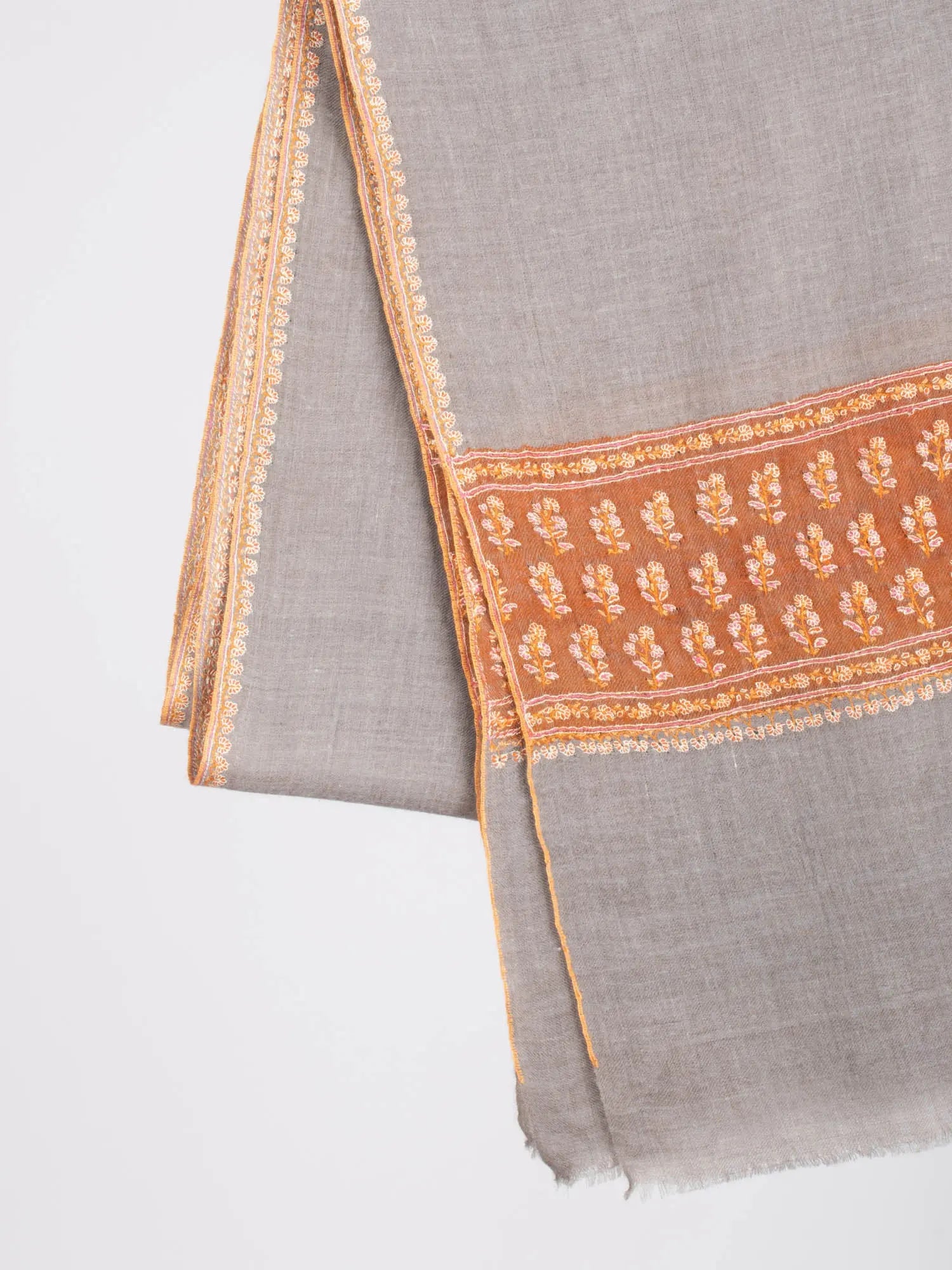 Gray and Orange Embroidered Beautiful Cashmere Wrap - MARQUETTE Shahkaar