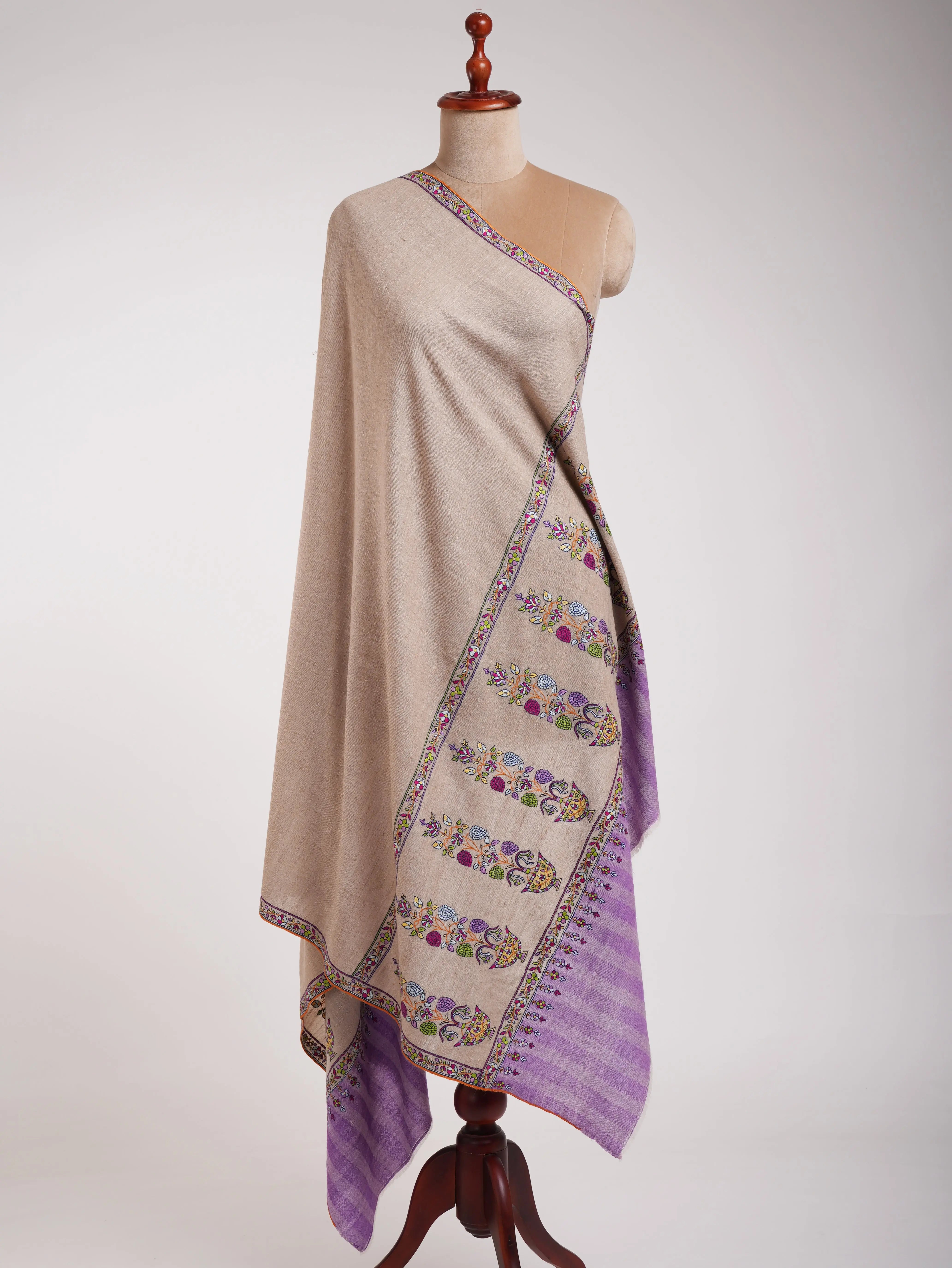 Gray and Purple Kashmiri Pashmina Shawl with Sozni Embroidery Shahkaar