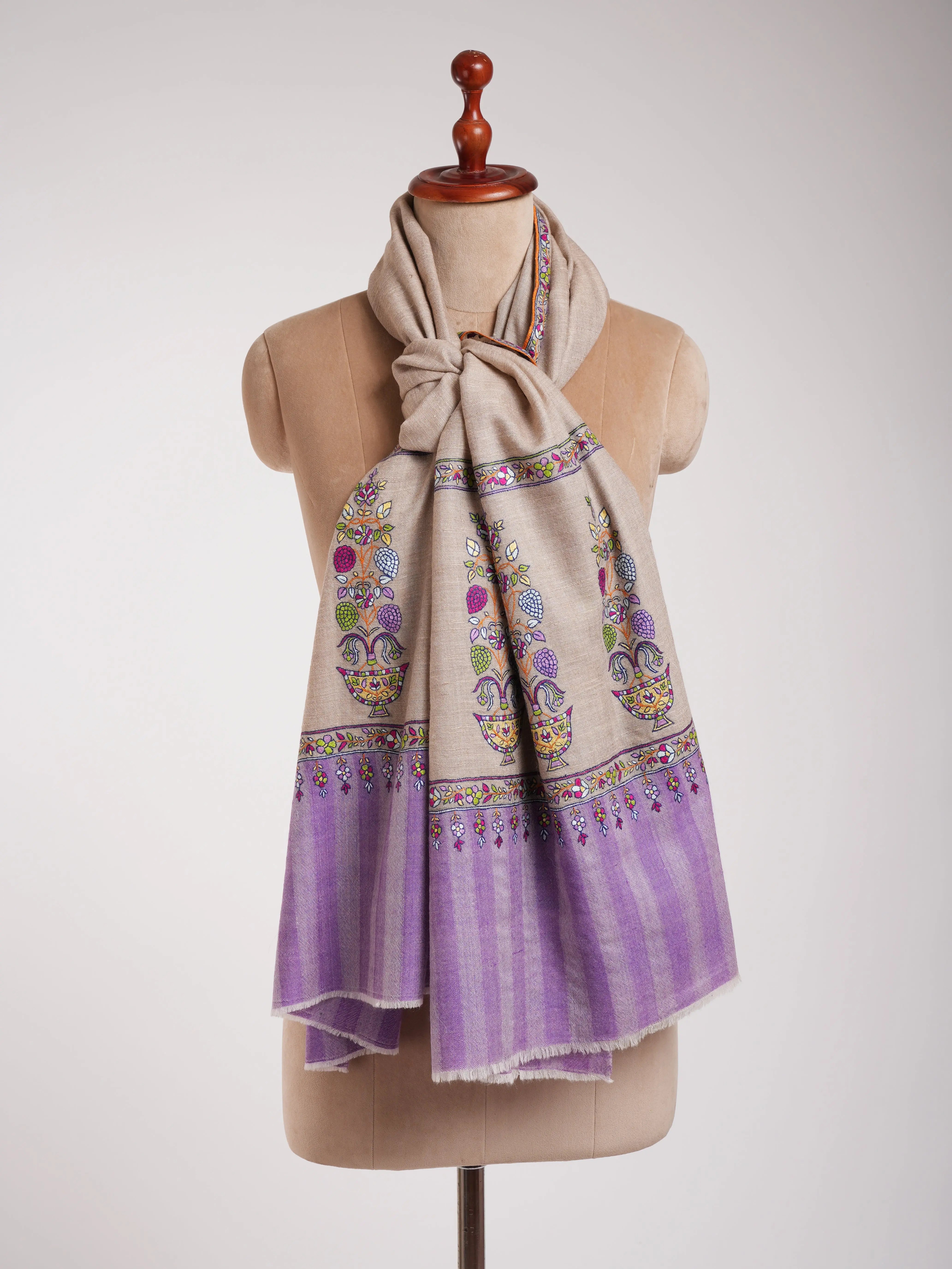 Gray and Purple Kashmiri Pashmina Shawl with Sozni Embroidery Shahkaar