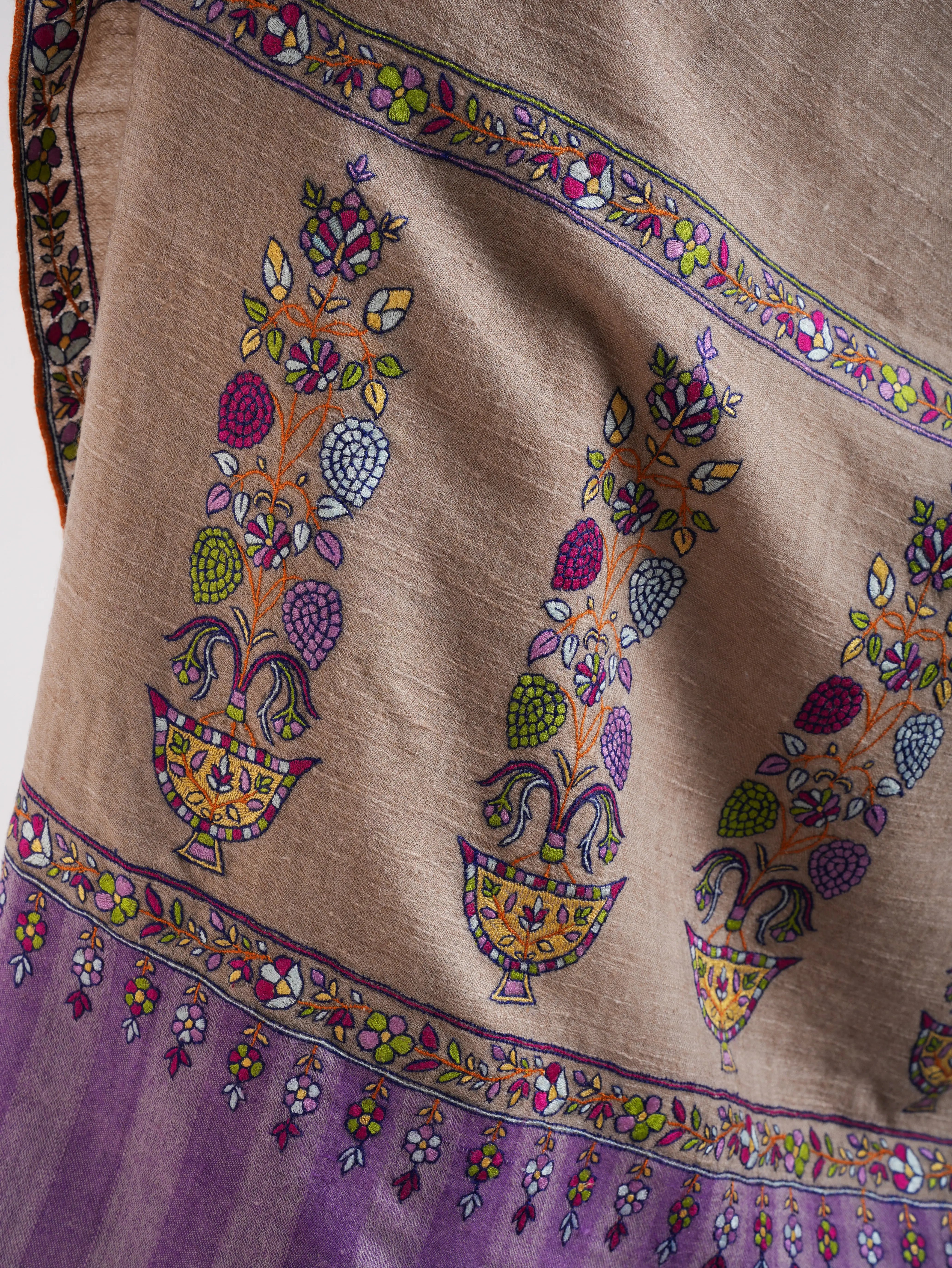 Gray and Purple Kashmiri Pashmina Shawl with Sozni Embroidery Shahkaar