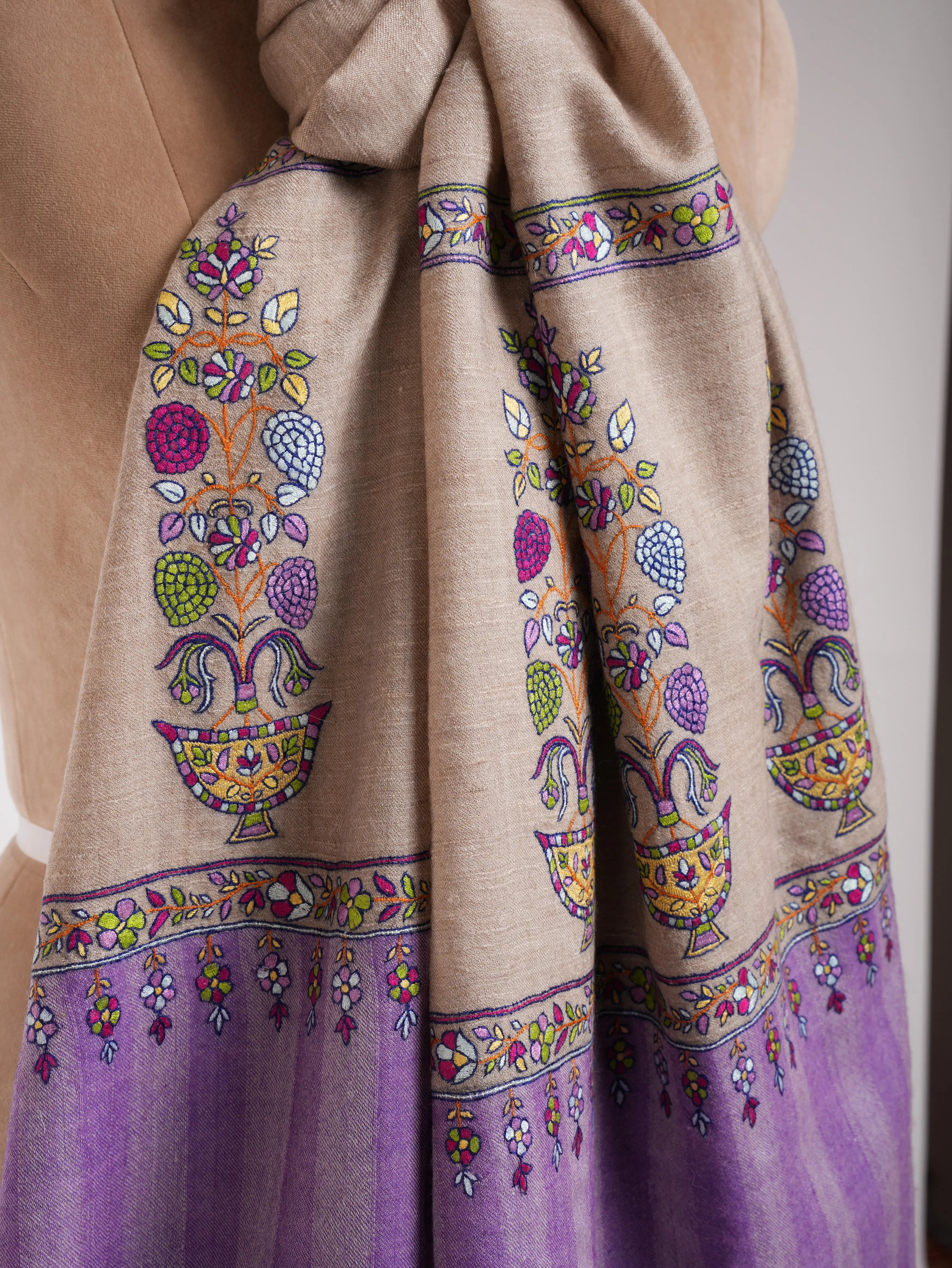 Gray and Purple Kashmiri Pashmina Shawl with Sozni Embroidery Shahkaar