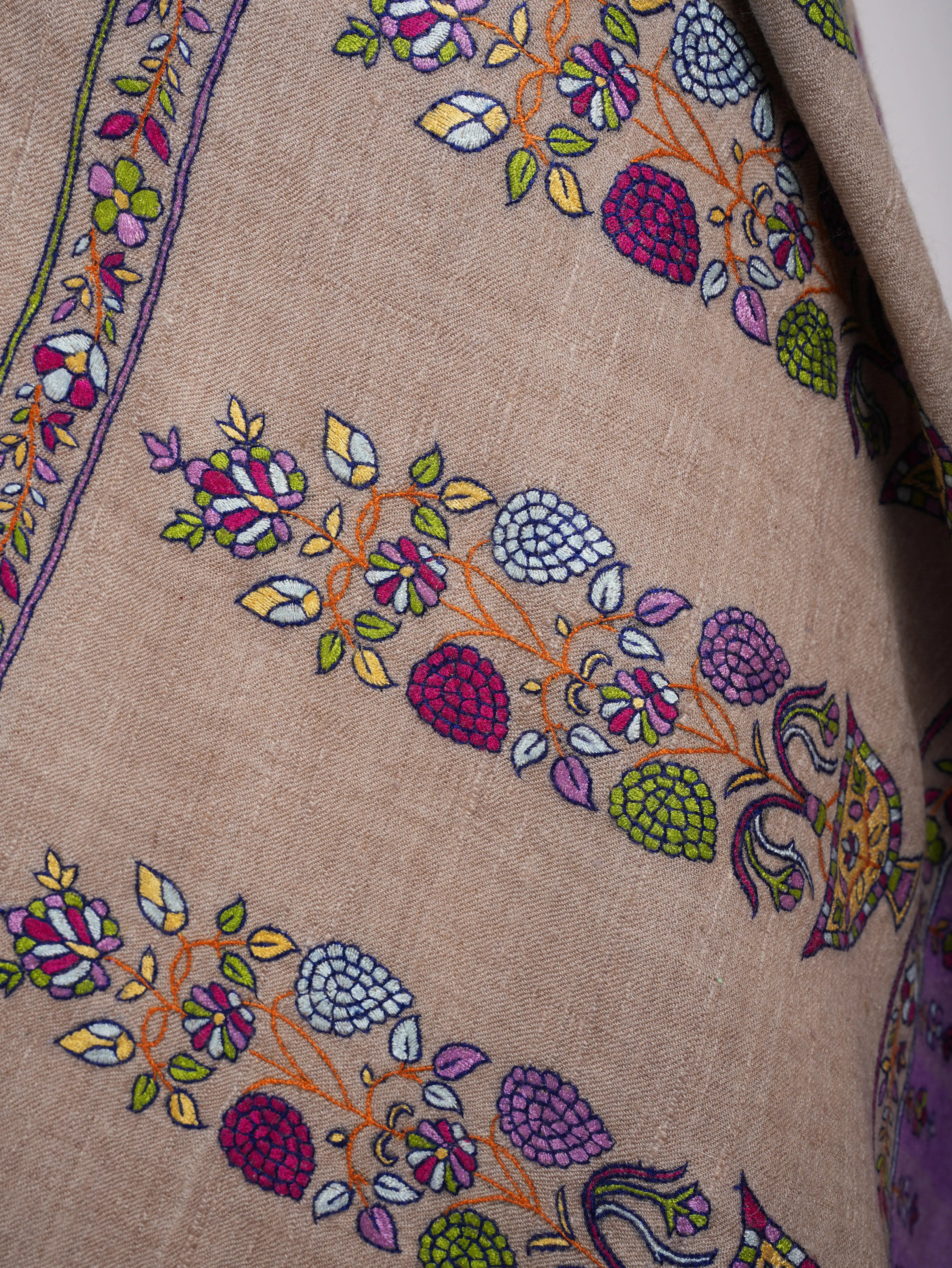 Gray and Purple Kashmiri Pashmina Shawl with Sozni Embroidery Shahkaar
