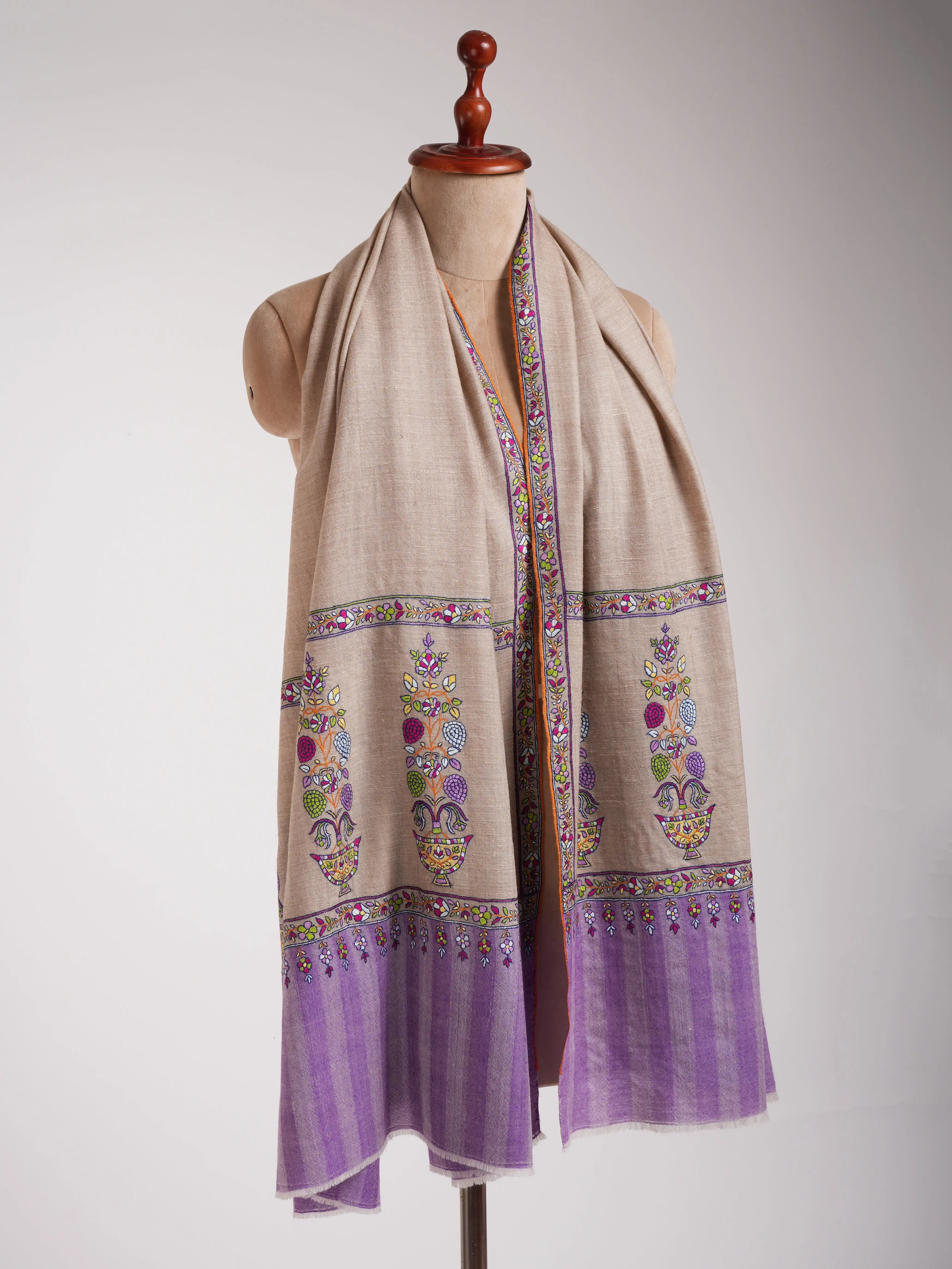 Gray and Purple Kashmiri Pashmina Shawl with Sozni Embroidery Shahkaar