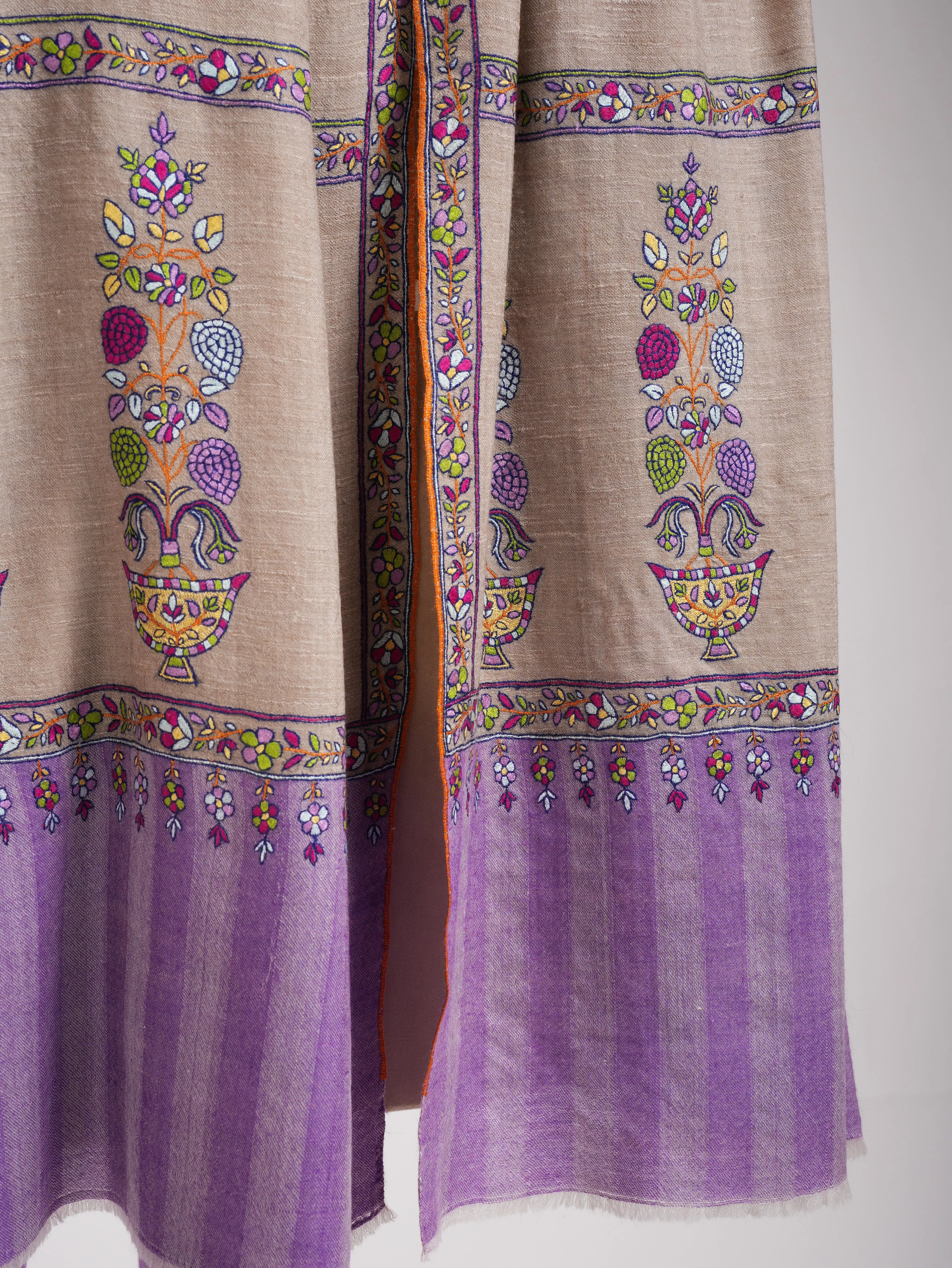 Gray and Purple Kashmiri Pashmina Shawl with Sozni Embroidery Shahkaar