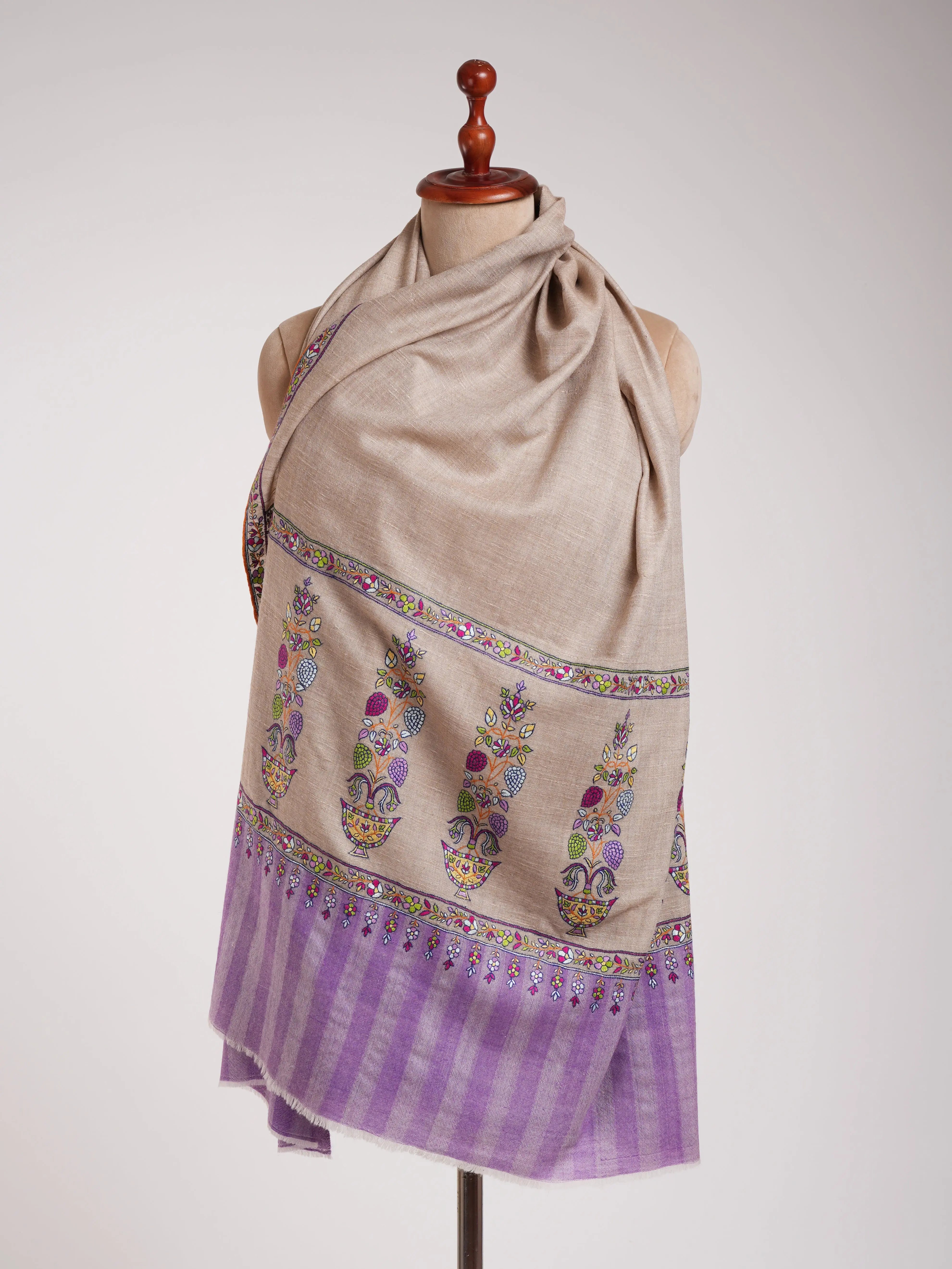 Gray and Purple Kashmiri Pashmina Shawl with Sozni Embroidery Shahkaar