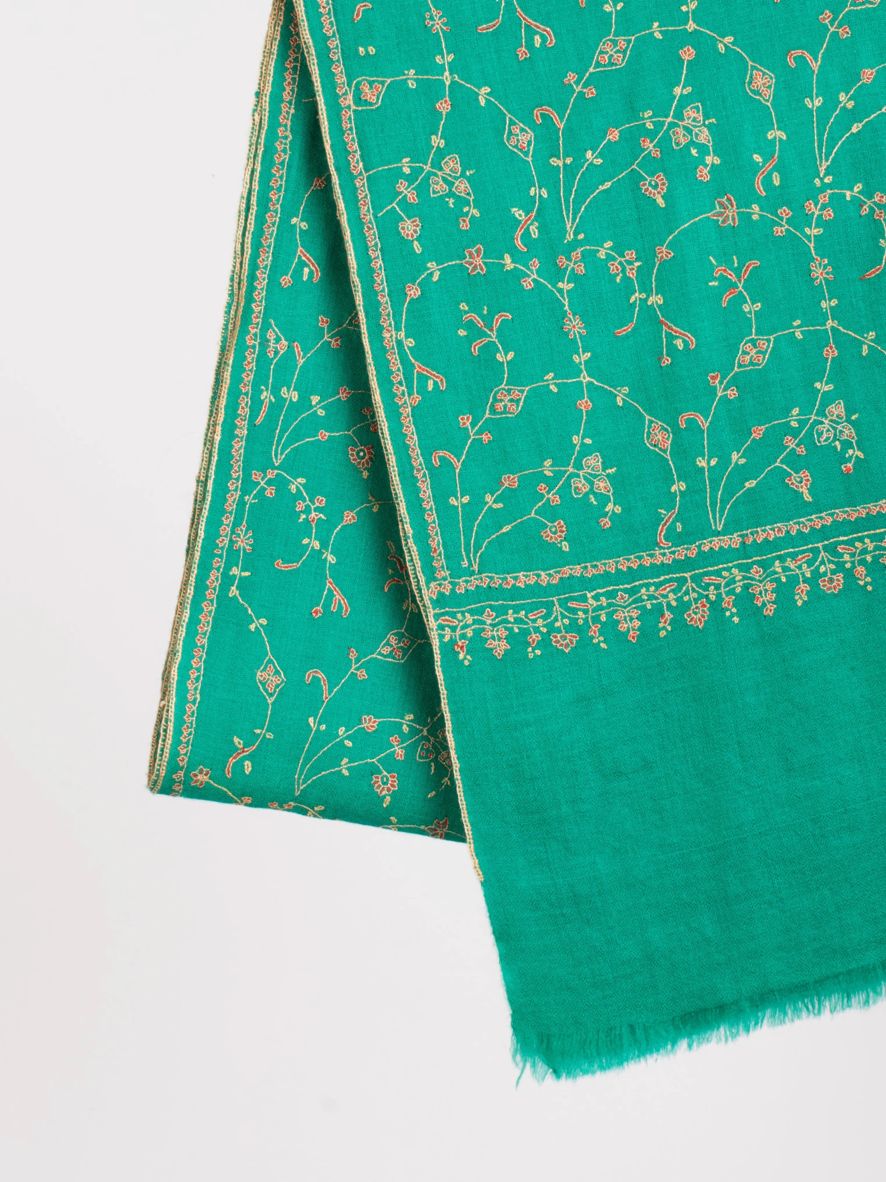 Green Embroidered Indian Cashmere Scarf Shahkaar