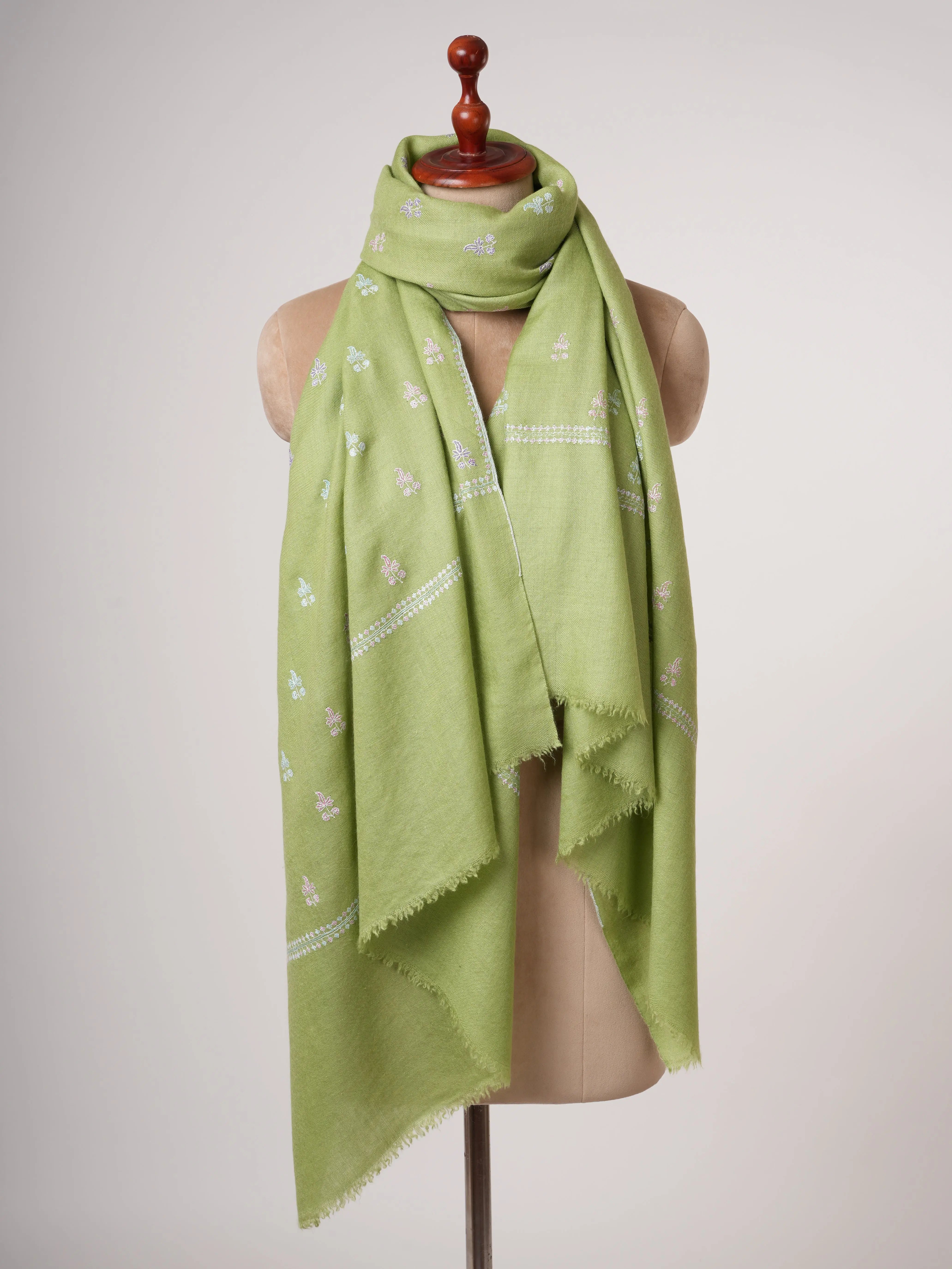 Green Kashmiri Pashmina Shawl with Fine Buteh Embroidery Shahkaar