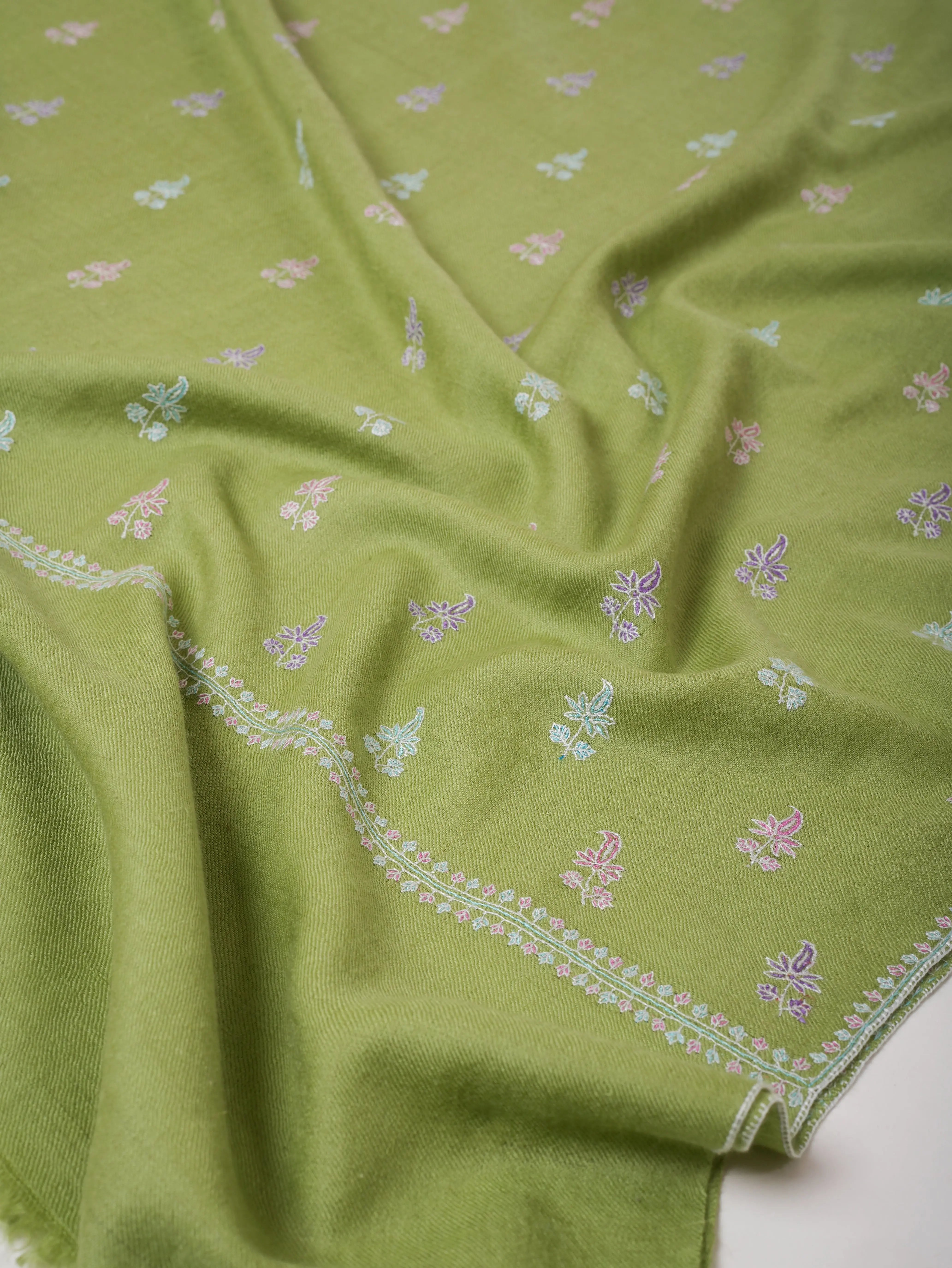Green Kashmiri Pashmina Shawl with Fine Buteh Embroidery Shahkaar