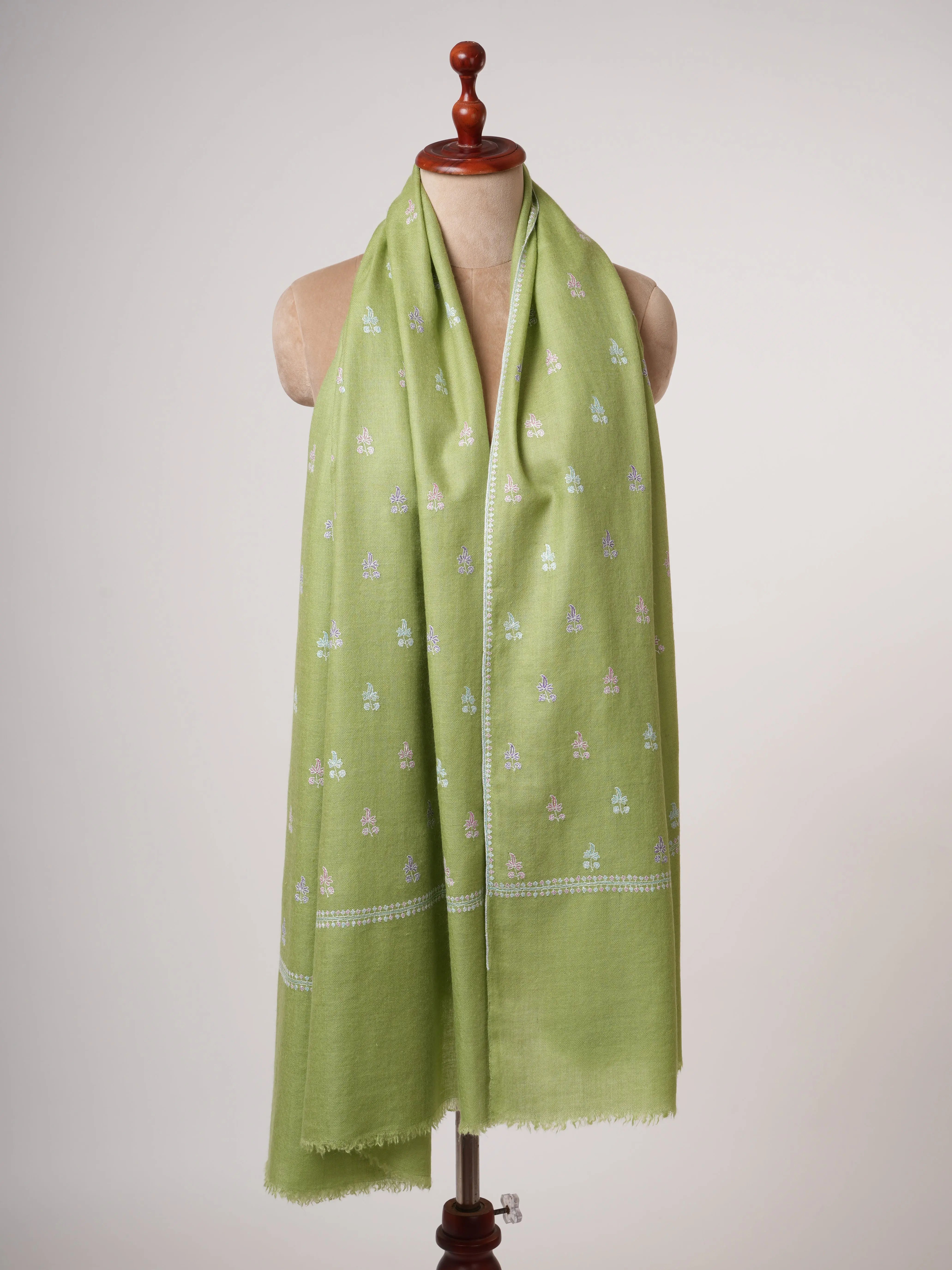 Green Kashmiri Pashmina Shawl with Fine Buteh Embroidery Shahkaar