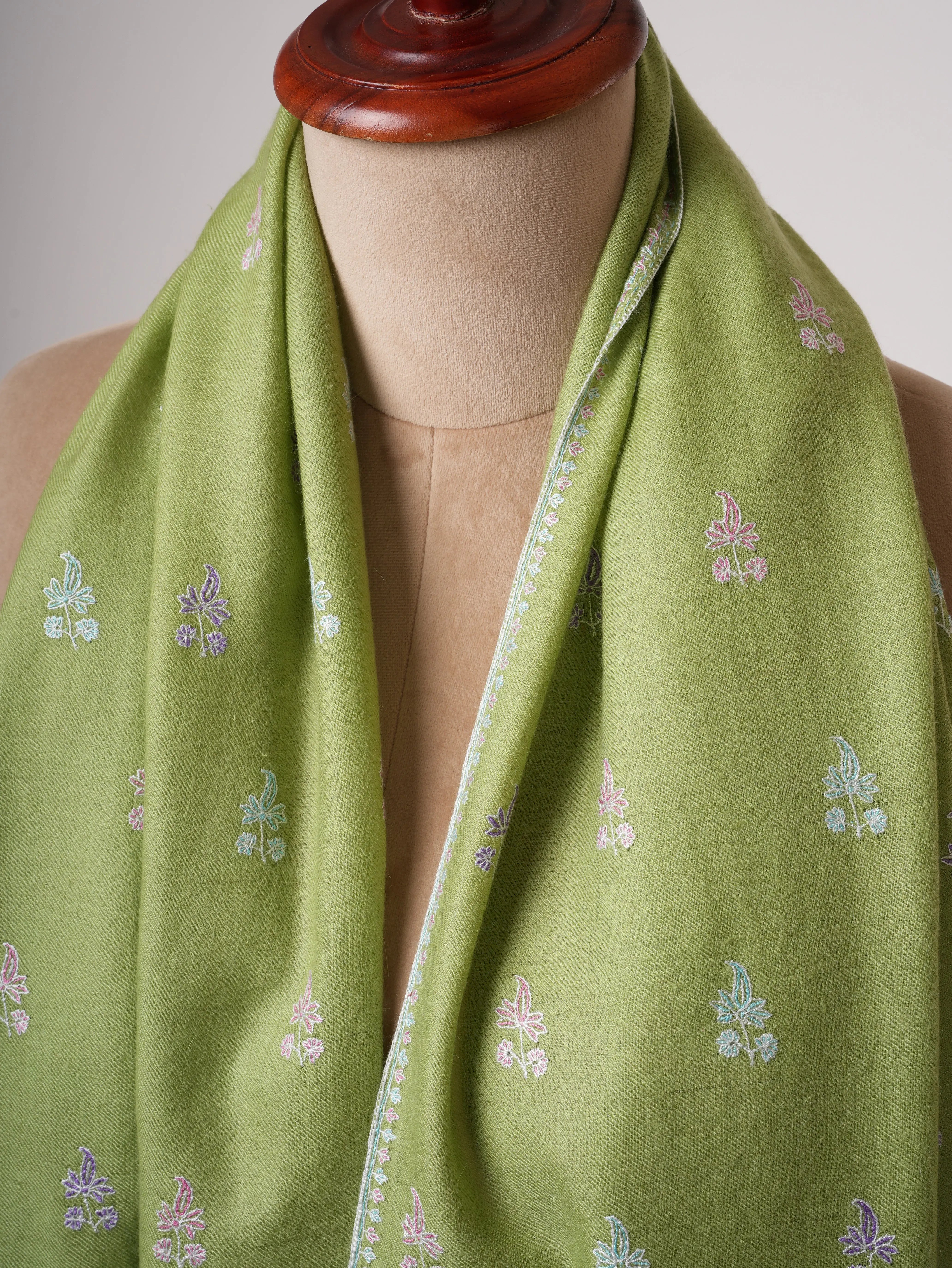 Green Kashmiri Pashmina Shawl with Fine Buteh Embroidery Shahkaar