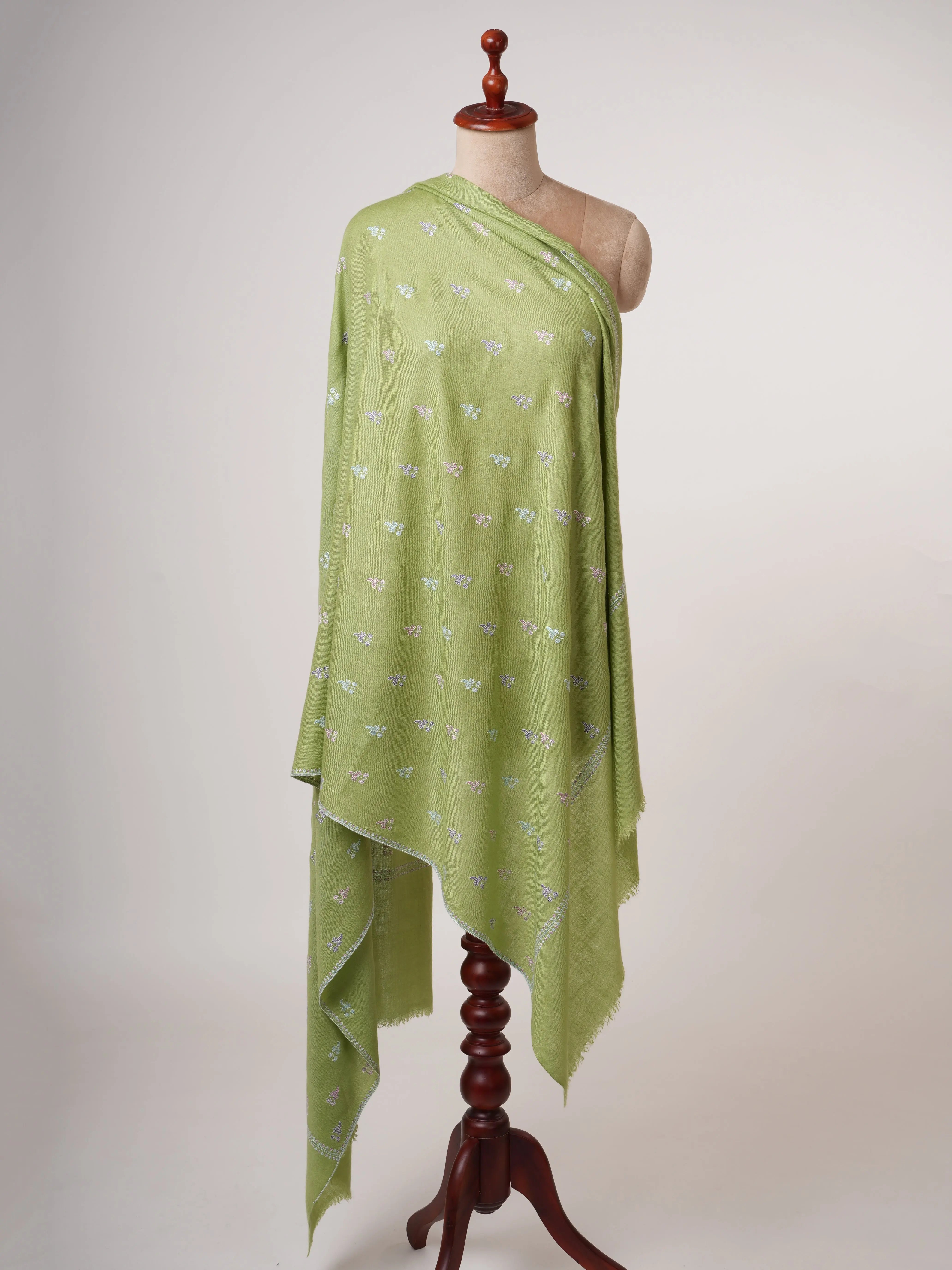 Green Kashmiri Pashmina Shawl with Fine Buteh Embroidery Shahkaar