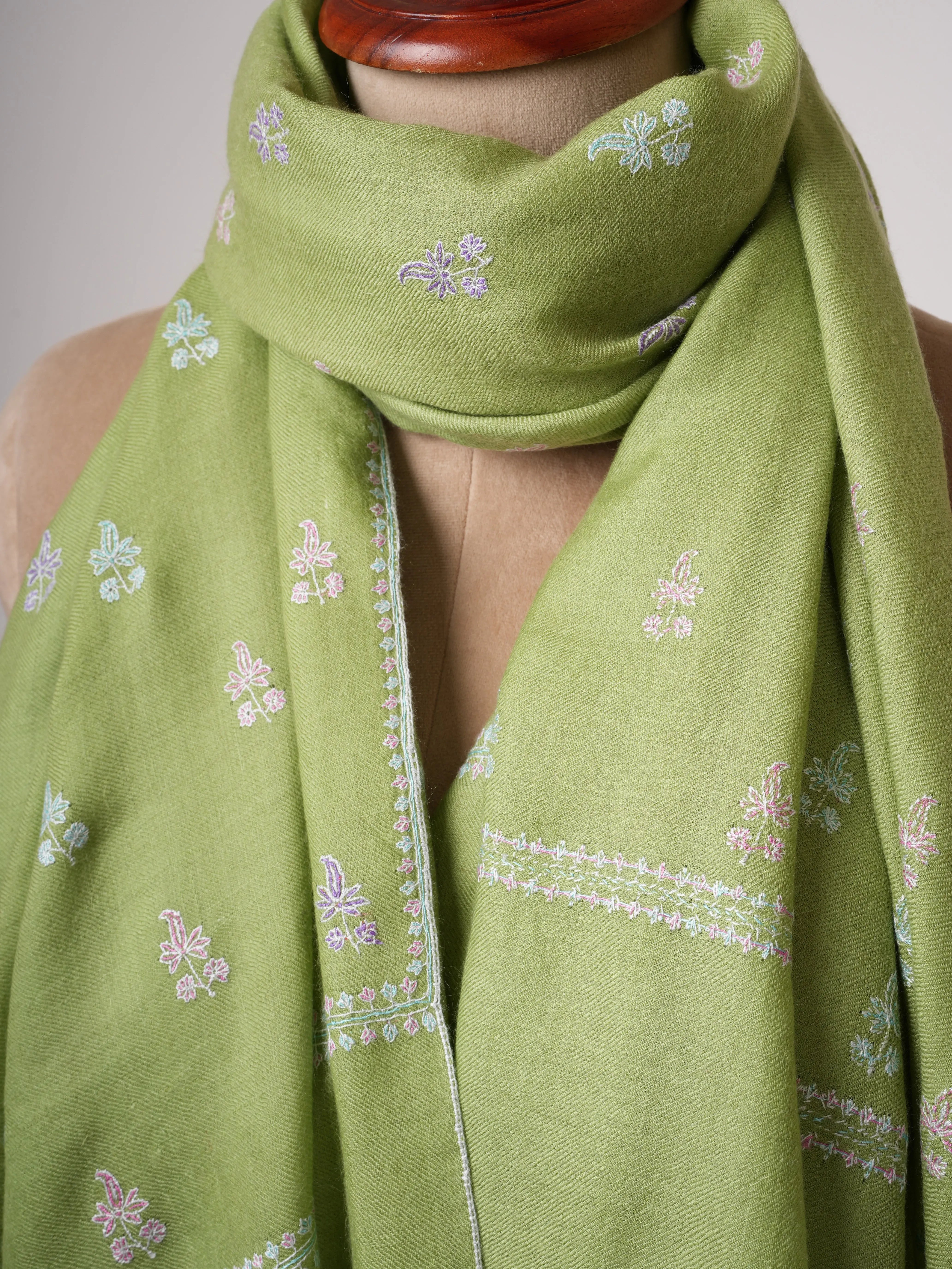 Green Kashmiri Pashmina Shawl with Fine Buteh Embroidery Shahkaar