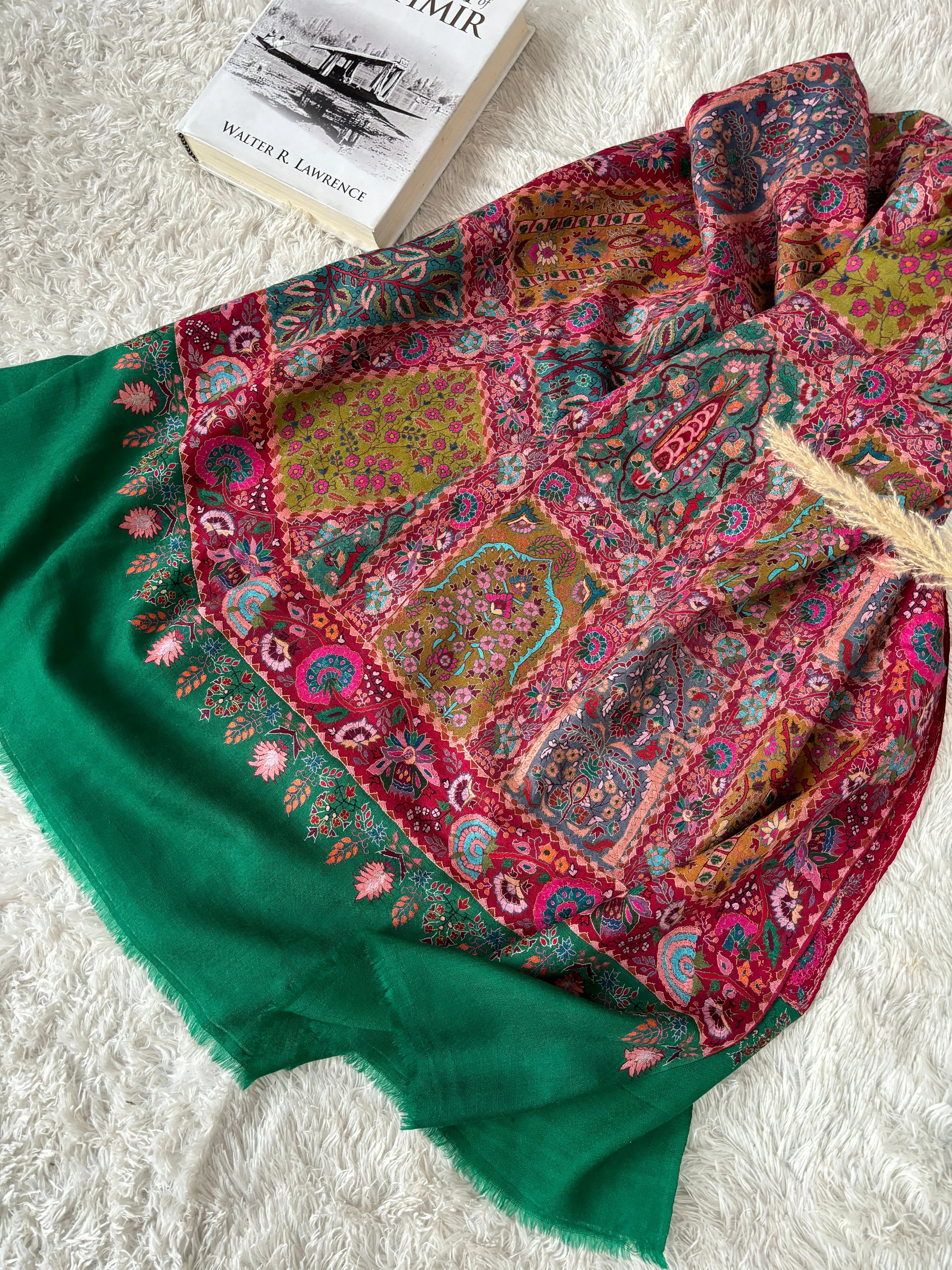 Green Red Artistic Wedding Jamavar Shawl - SUZANNE Shahkaar