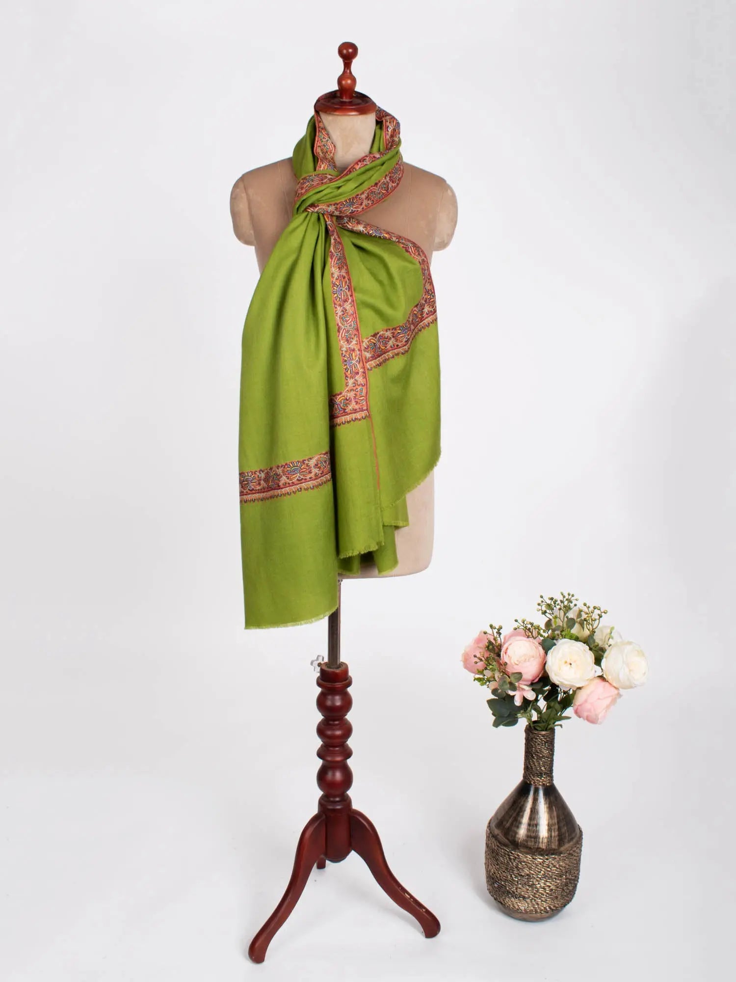 Green Sozni Embroidered Pashmina Shawl Shahkaar