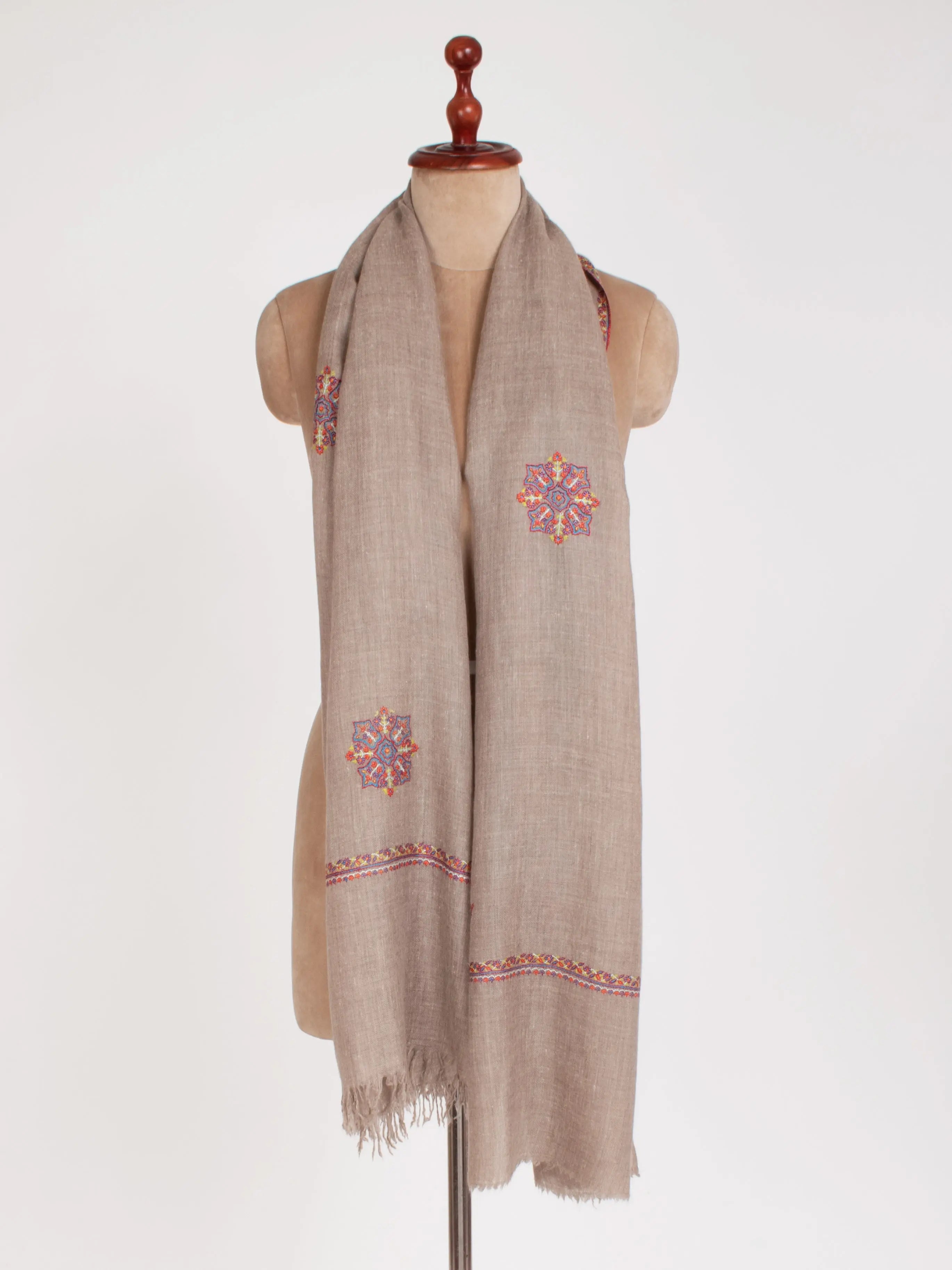 Grey Cashmere Scarf with Star and Paisley Motifs Shahkaar