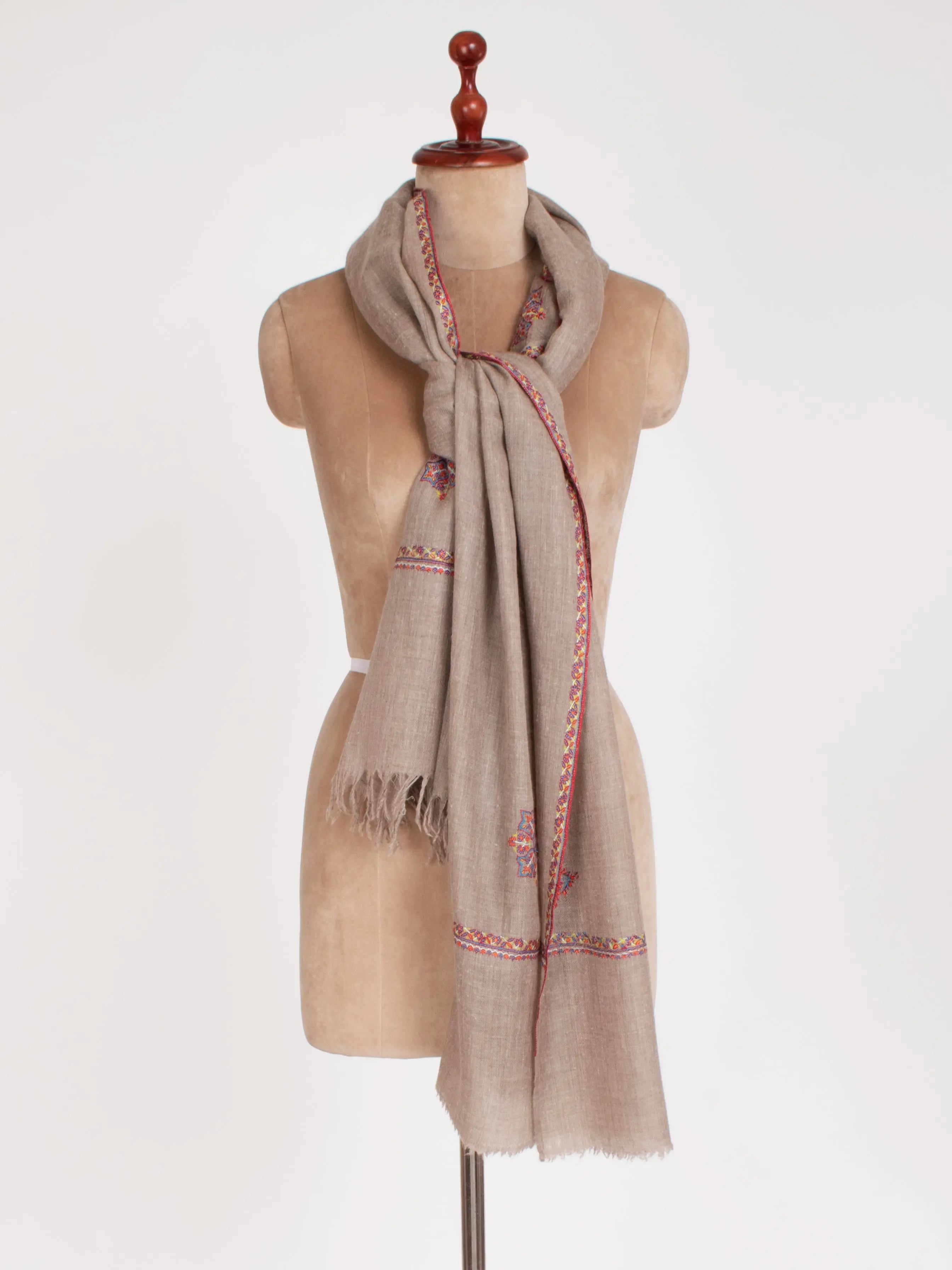 Grey Cashmere Scarf with Star and Paisley Motifs Shahkaar