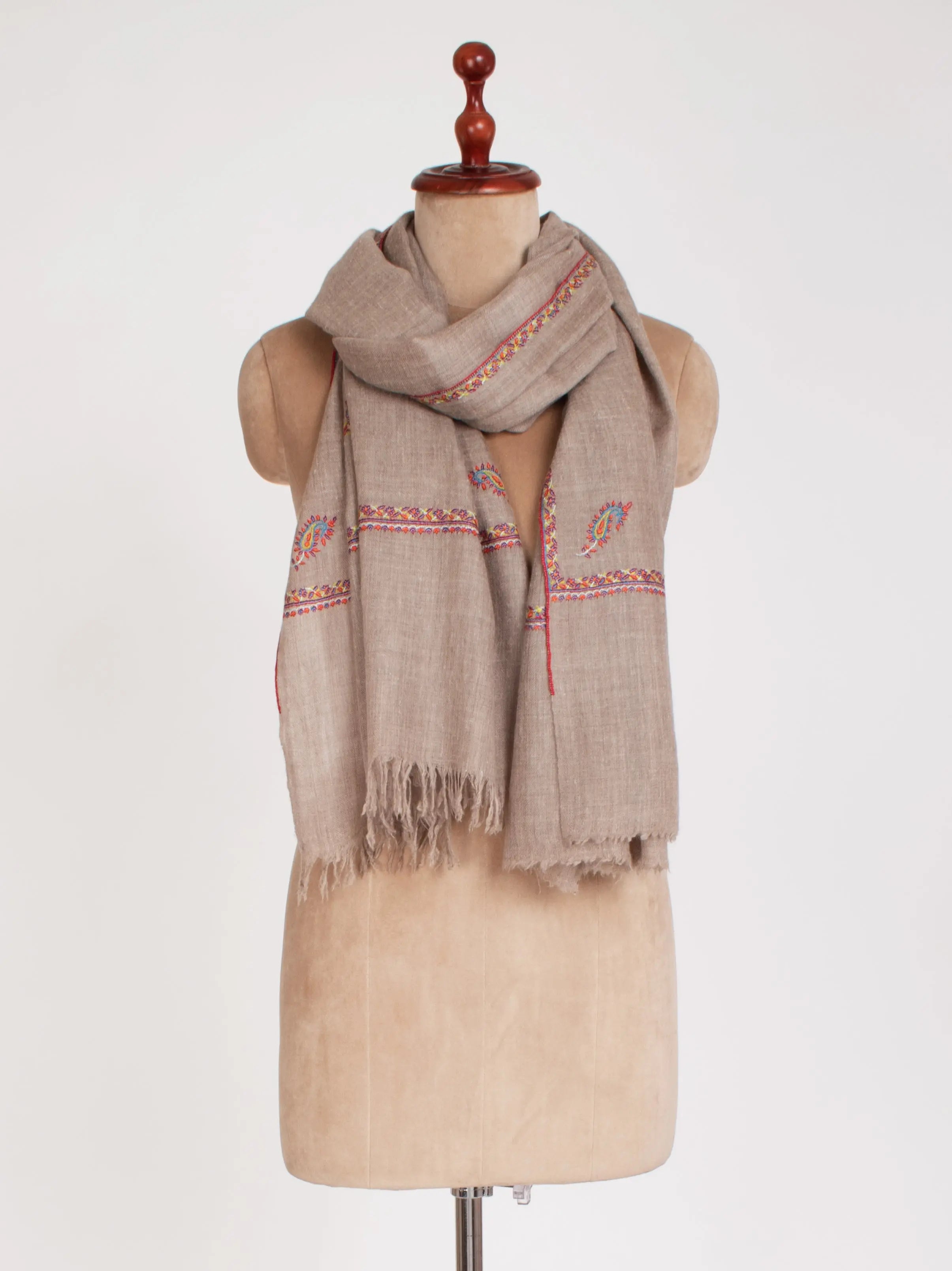 Grey Cashmere Scarf with Star and Paisley Motifs Shahkaar