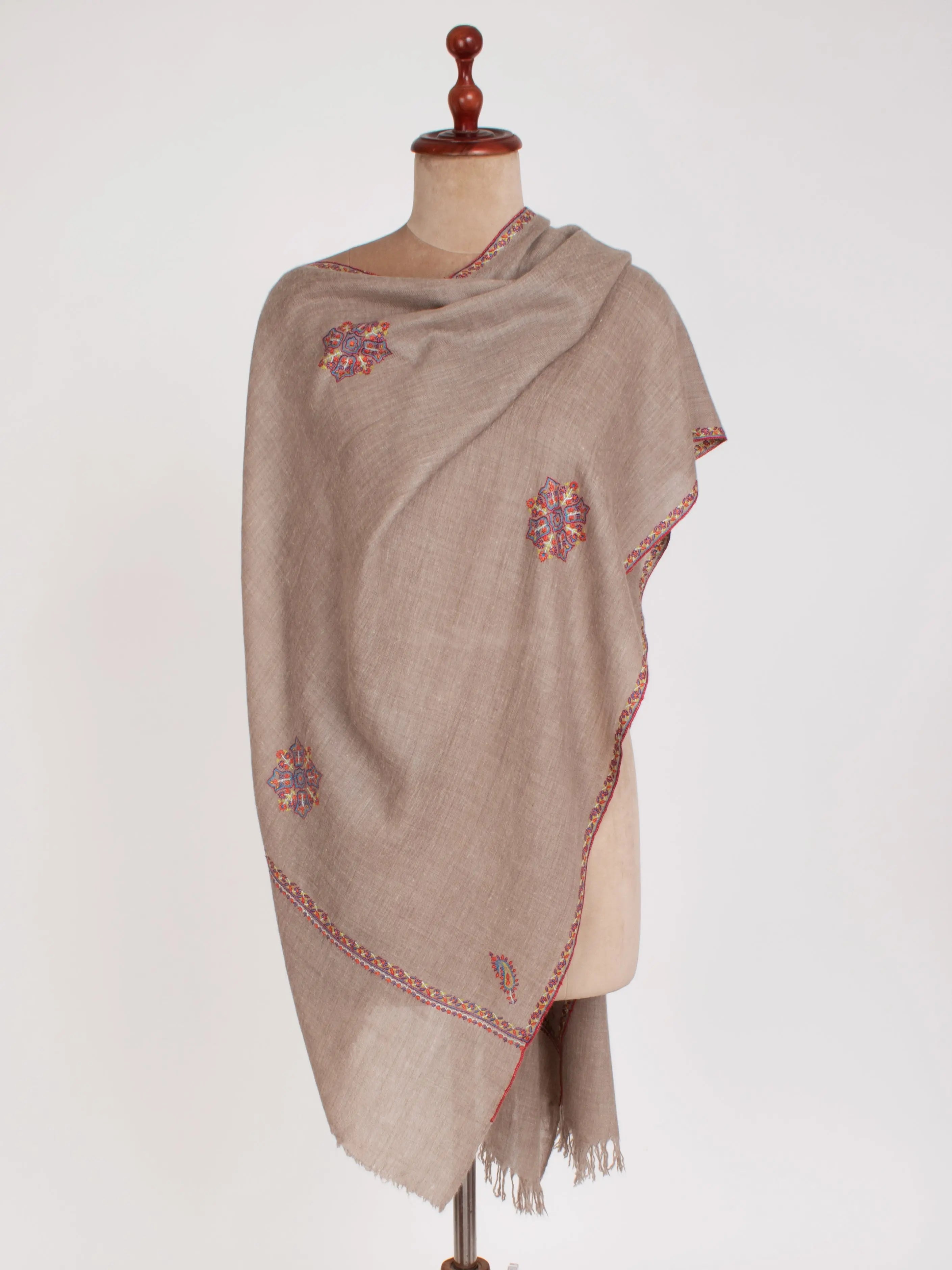 Grey Cashmere Scarf with Star and Paisley Motifs Shahkaar