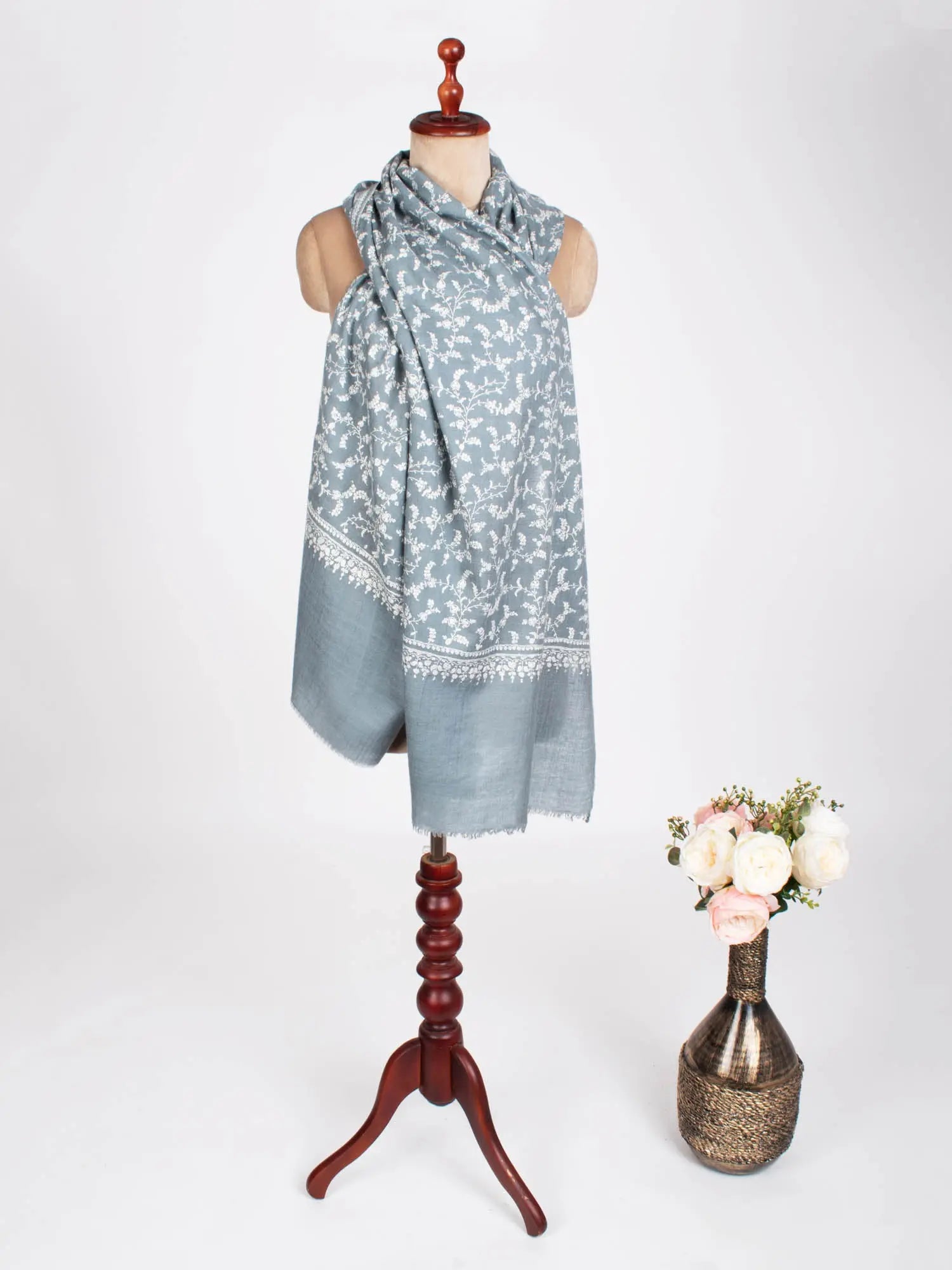 Grey Embroidered Cashmere Scarf - MENTOR Shahkaar