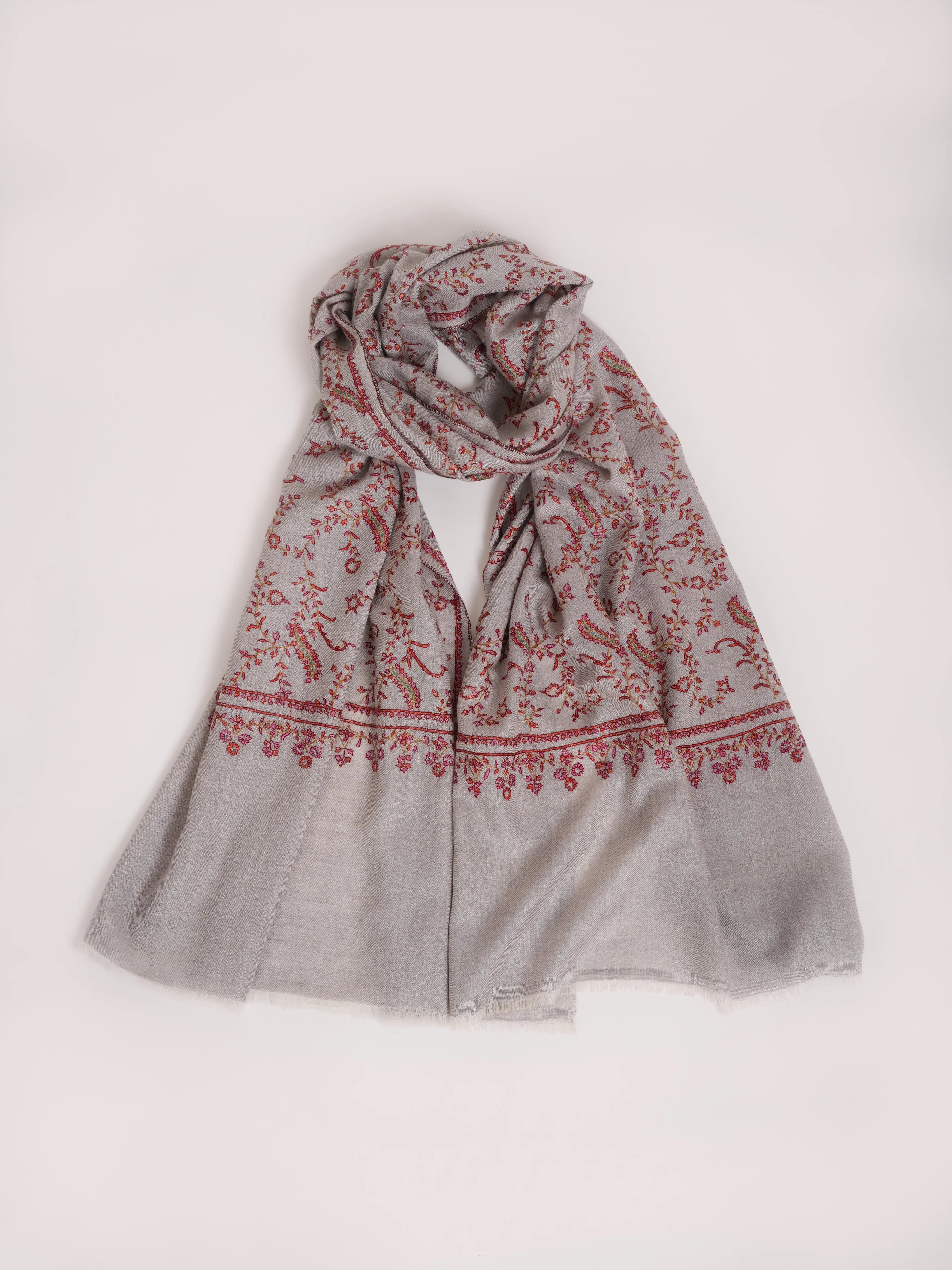 Grey Hand Embroidered Lightweight Indian Cashmere Stole Shahkaar