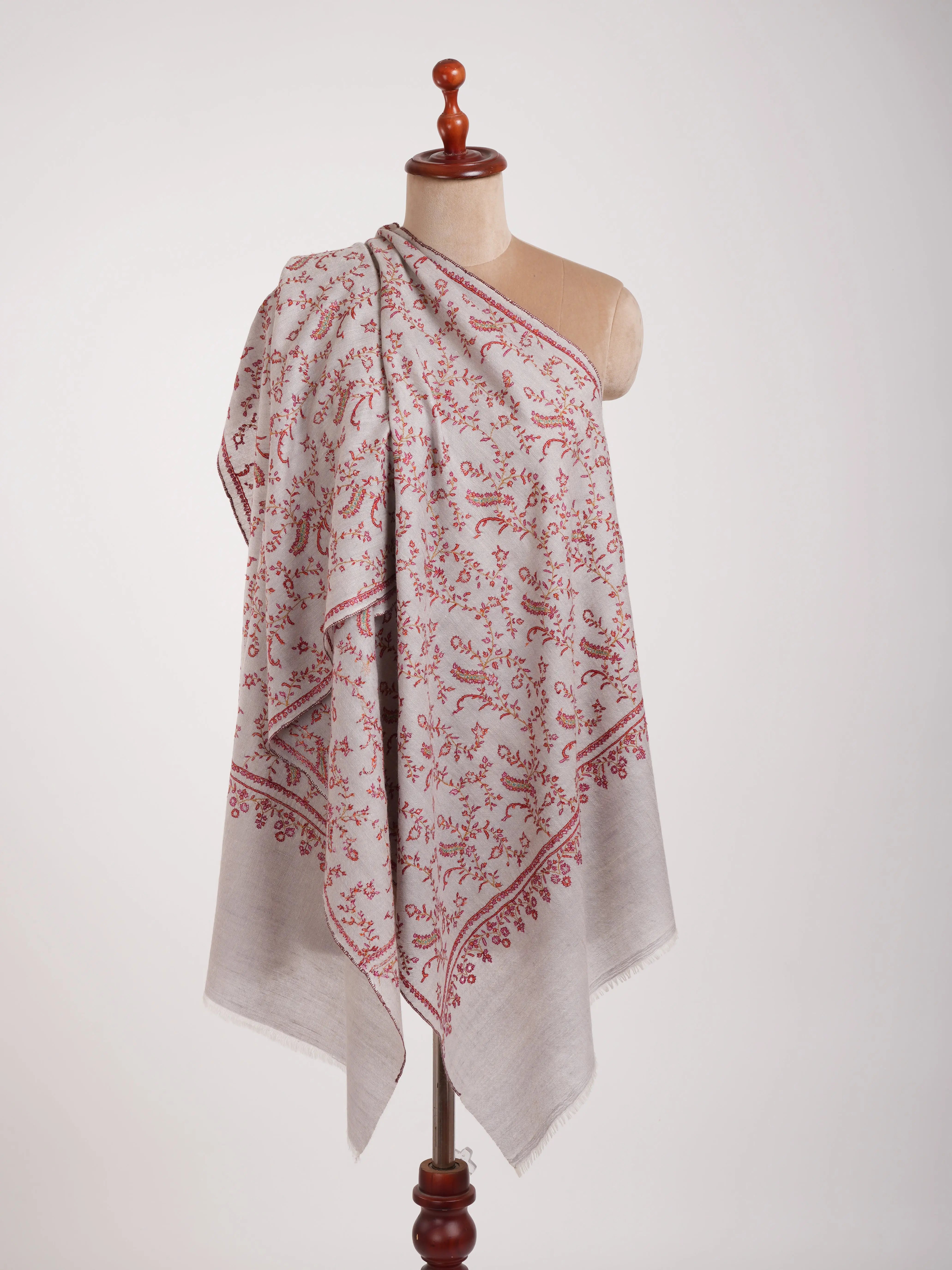 Grey Hand Embroidered Lightweight Indian Cashmere Stole Shahkaar