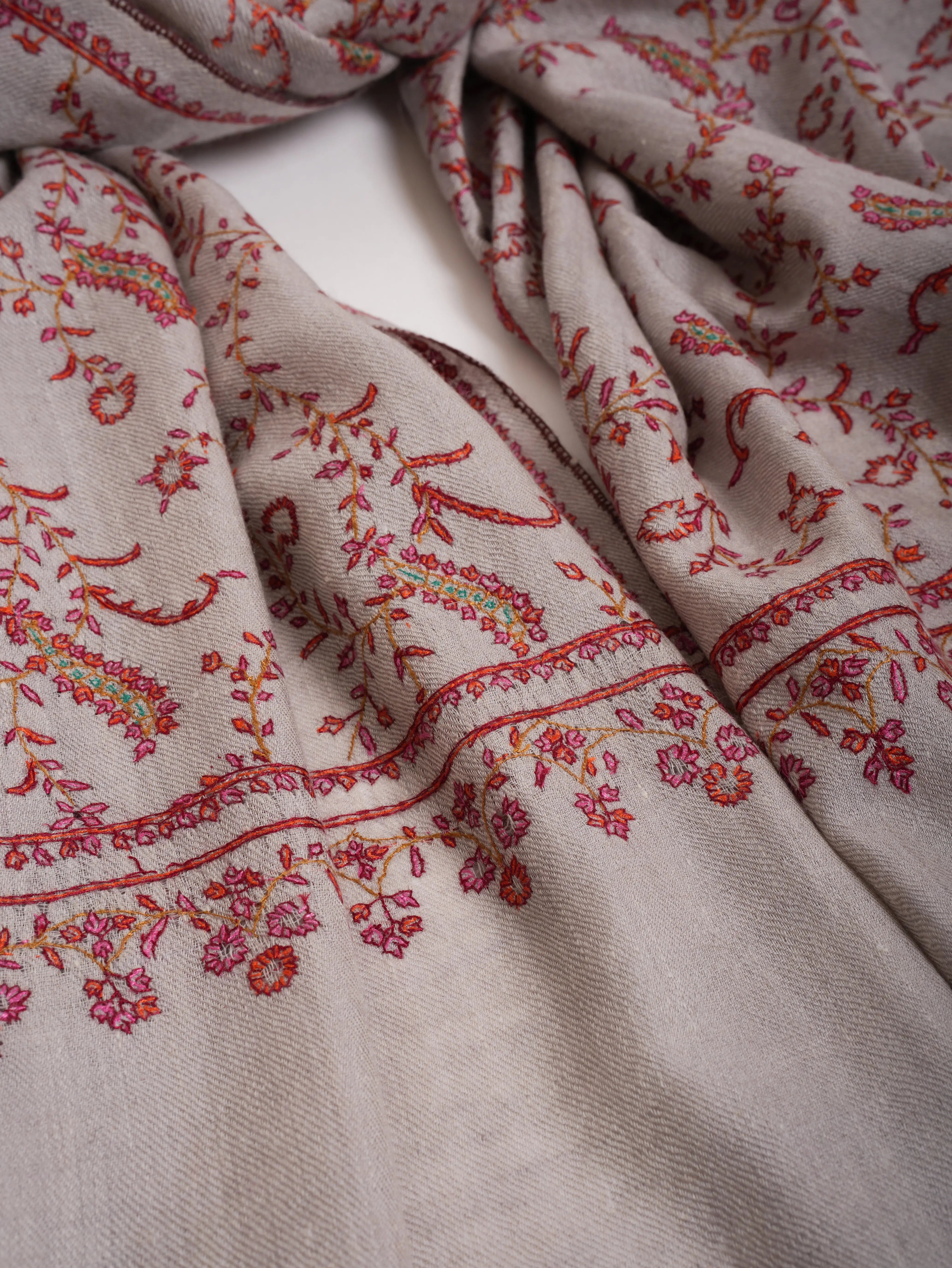 Grey Hand Embroidered Lightweight Indian Cashmere Stole Shahkaar