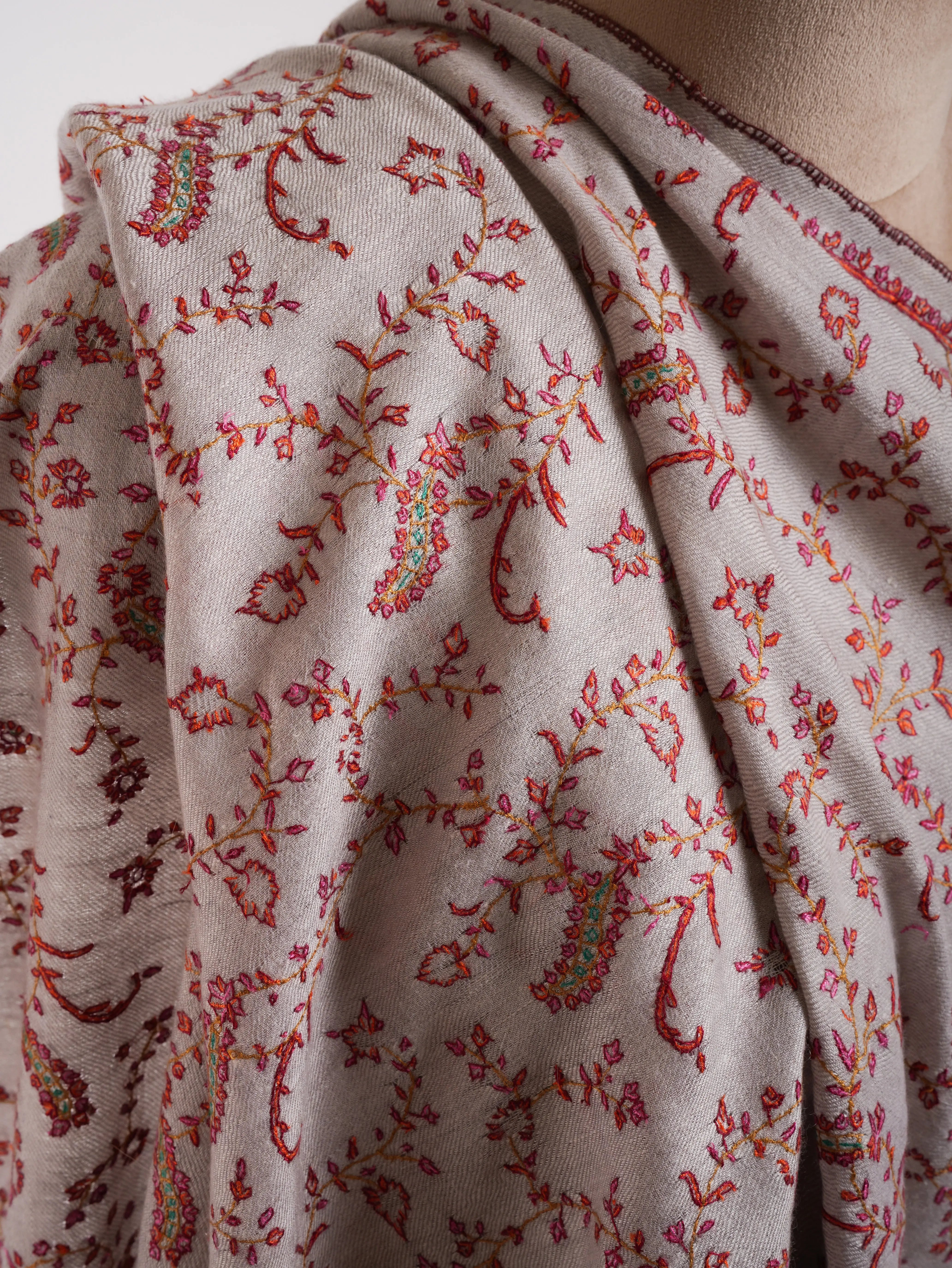 Grey Hand Embroidered Lightweight Indian Cashmere Stole Shahkaar