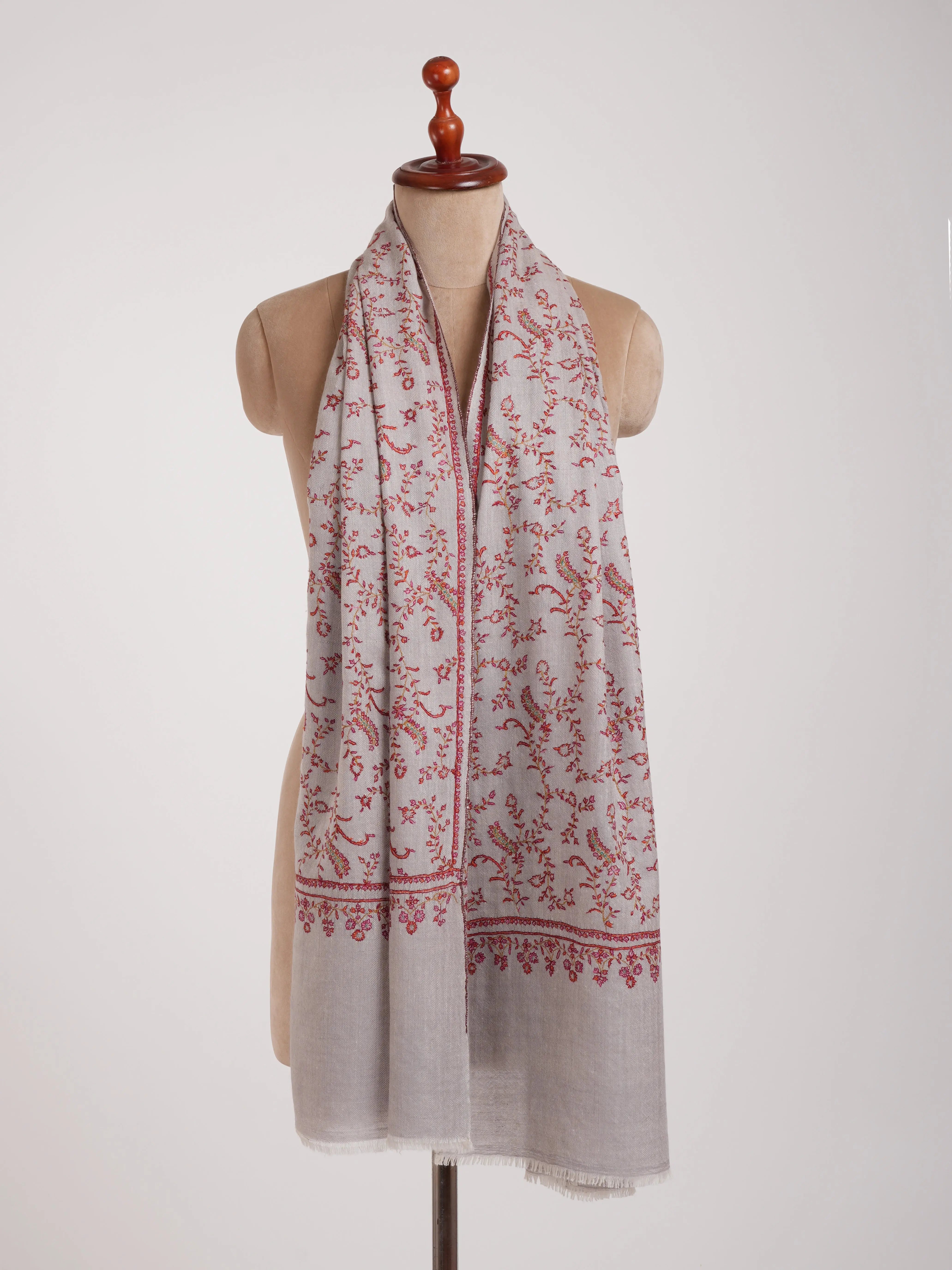 Grey Hand Embroidered Lightweight Indian Cashmere Stole Shahkaar