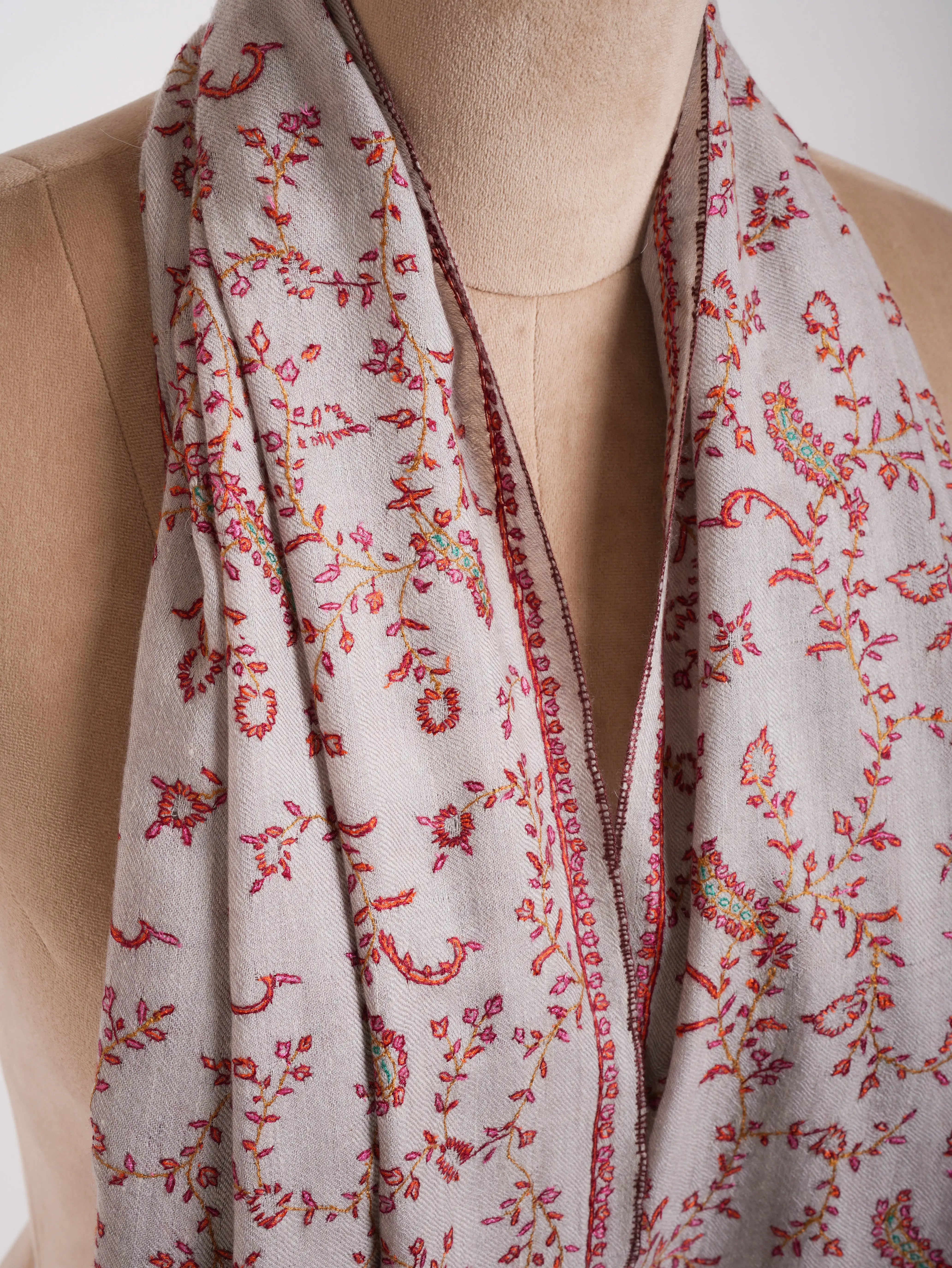 Grey Hand Embroidered Lightweight Indian Cashmere Stole Shahkaar