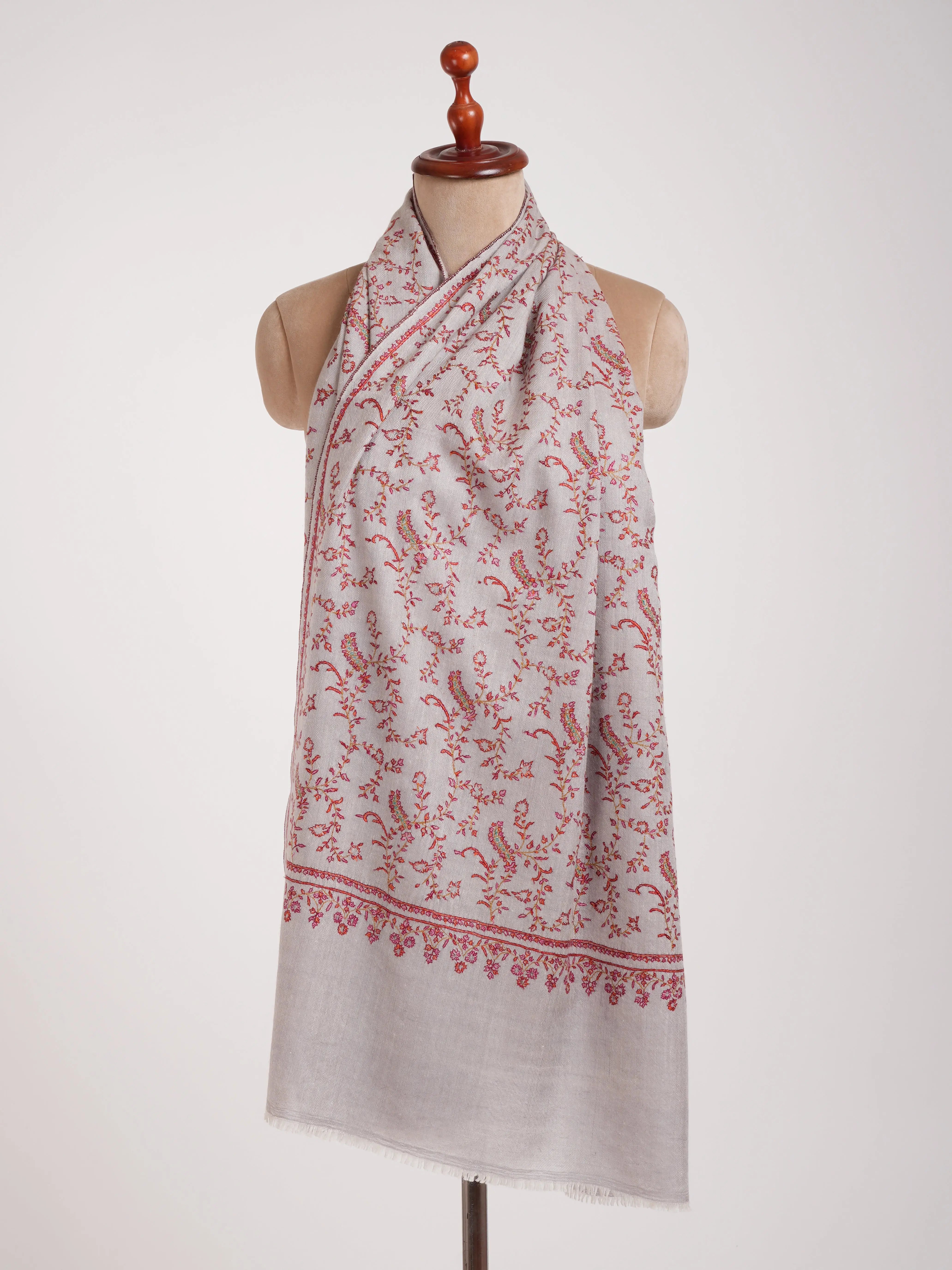 Grey Hand Embroidered Lightweight Indian Cashmere Stole Shahkaar