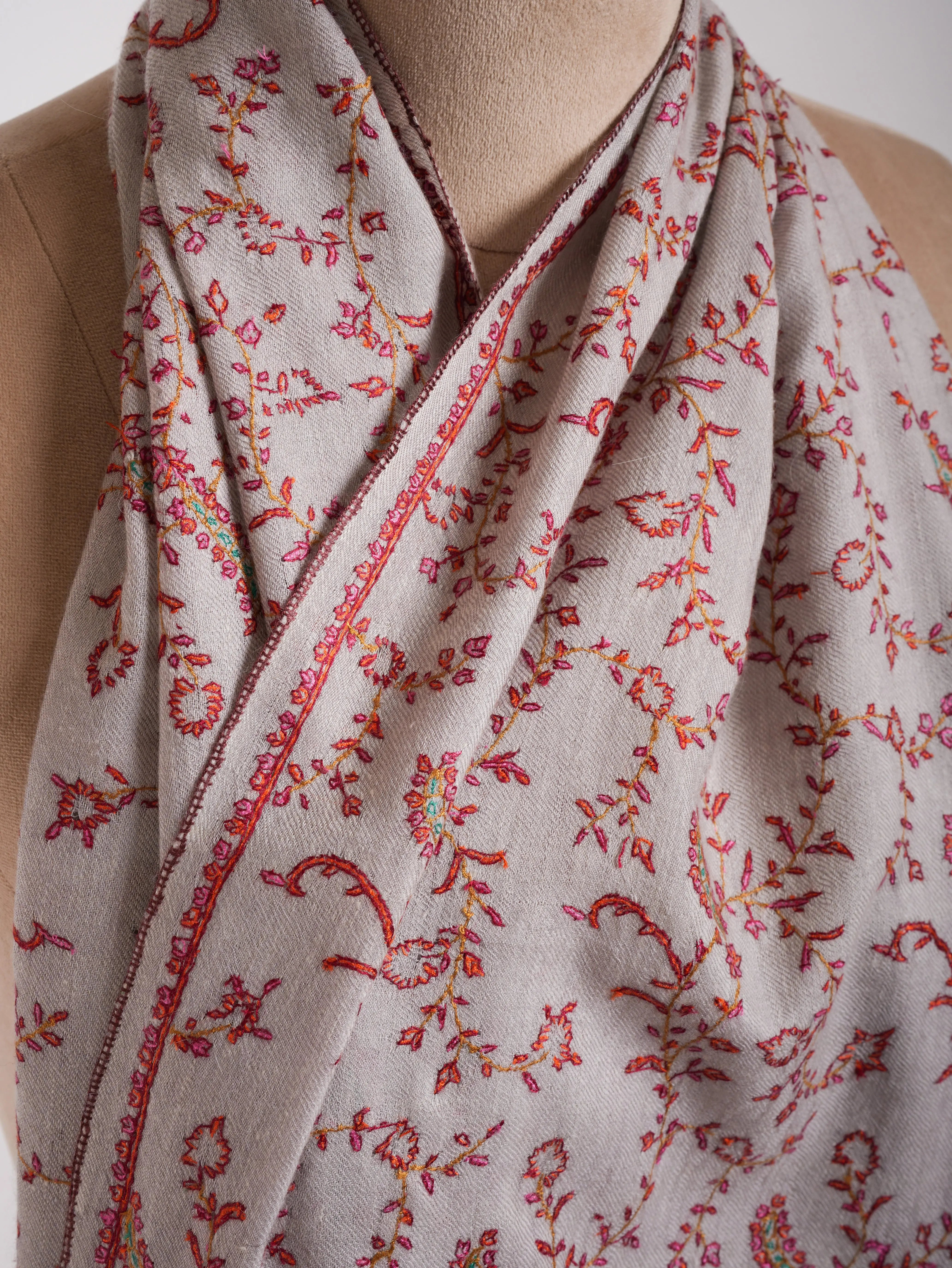 Grey Hand Embroidered Lightweight Indian Cashmere Stole Shahkaar