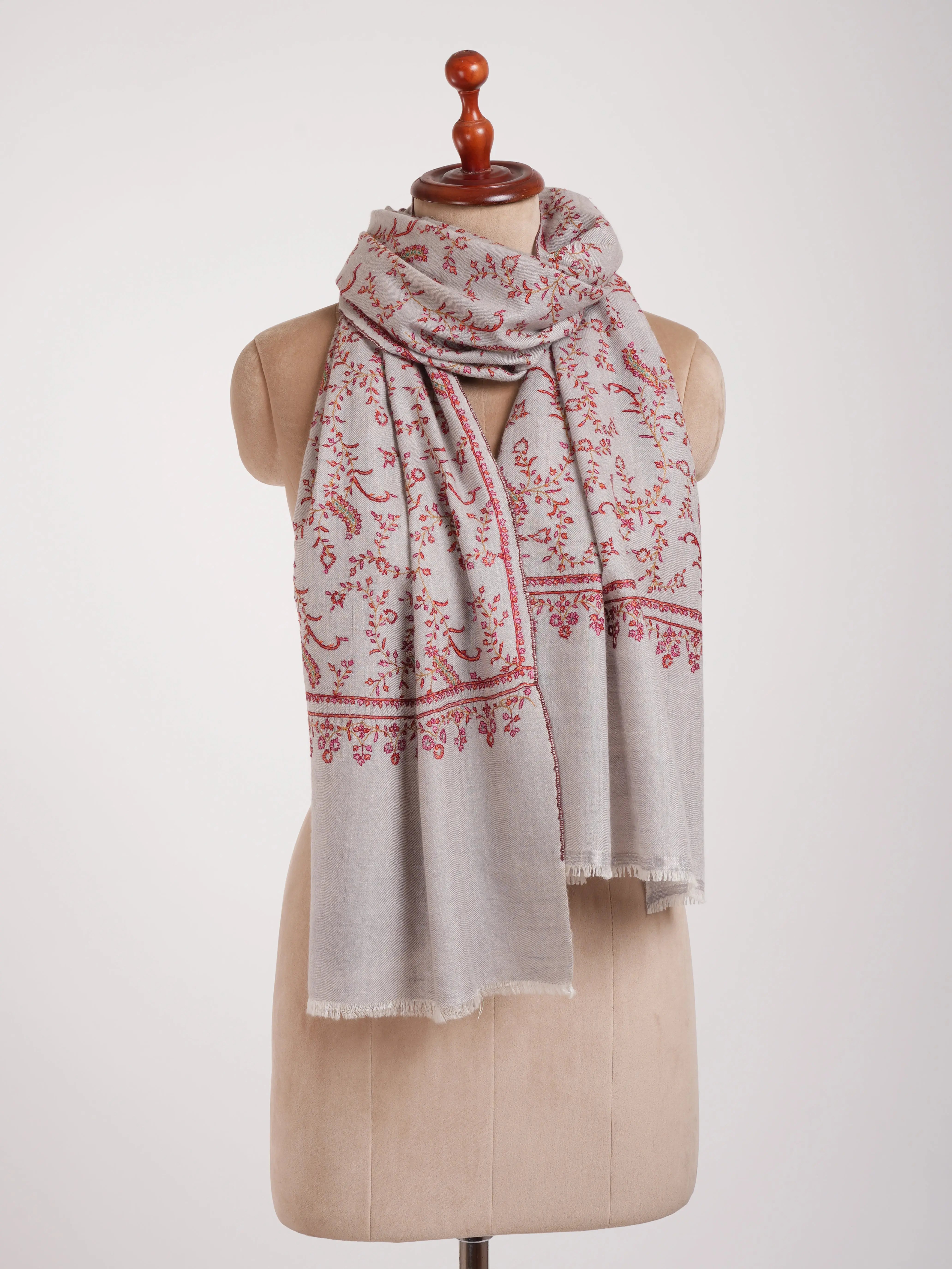 Grey Hand Embroidered Lightweight Indian Cashmere Stole Shahkaar